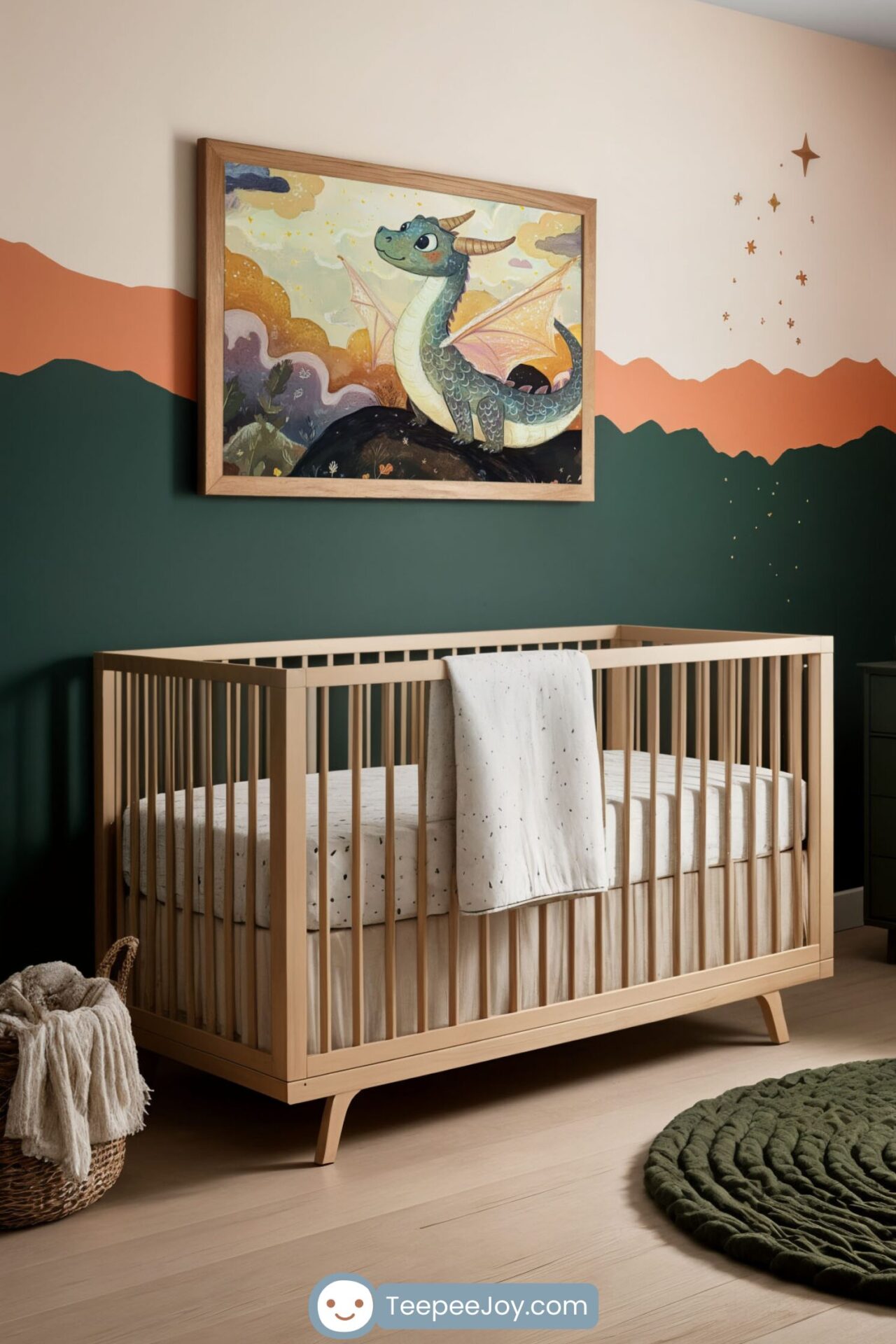 The nursery features a charming dragon-themed wall art with a smiling green dragon perched on a hill surrounded by a colorful, starry sky. The room decor complements the art with earthy tones, a soft green circular rug, and whimsical orange accents. A cozy crib, a plush armchair, and bookshelves complete this magical and serene space.