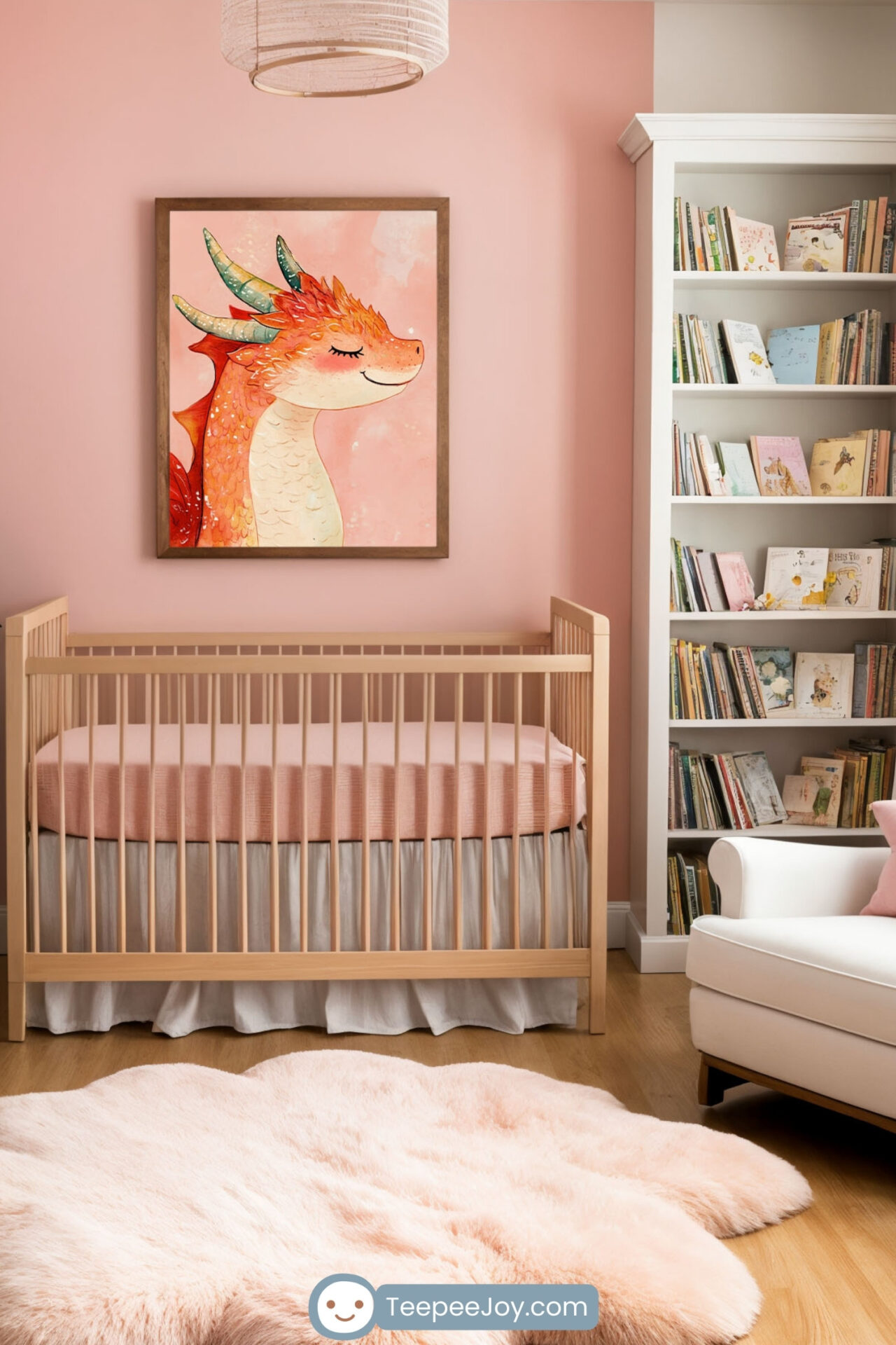 A cozy nursery with pink walls featuring a framed illustration of a smiling orange dragon with teal and gold horns, displayed above a natural wood crib with a pink mattress. The room includes a fluffy pink cloud-shaped rug, a white armchair with pink star-shaped pillows, a wooden dresser, and a tall bookshelf filled with children's books, creating a warm and whimsical atmosphere.