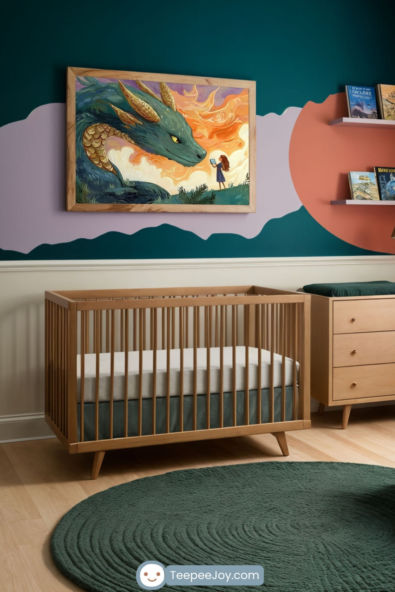 This nursery features a whimsical dragon-themed wall art piece, showcasing a young girl holding a book while facing a majestic green dragon with golden scales against a fiery sunset sky. The room's palette mirrors the artwork with deep green, orange, and neutral tones, complemented by modern wooden furniture and cozy textiles for a harmonious, storybook-inspired ambiance.