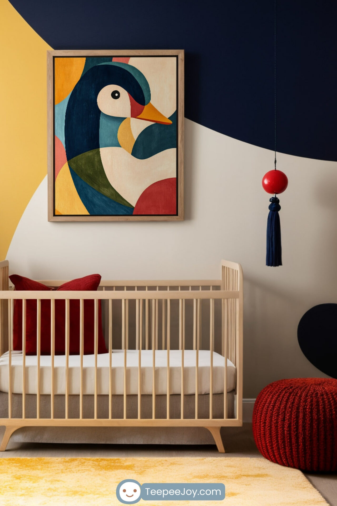 This nursery image showcases a vibrant and modern interior with an abstract geometric duck artwork as the focal point. The room features a warm yellow and navy accent wall, a sleek wooden crib, and cozy accents like a mustard yellow rug and red pillows. The colorful design creates a playful yet sophisticated space perfect for a baby’s room.