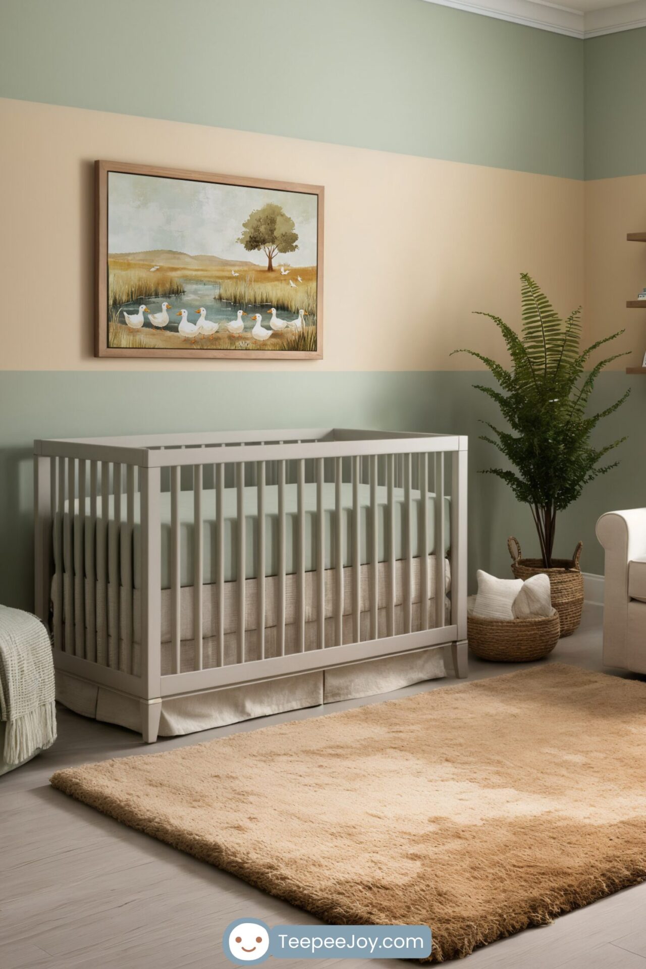 This nursery showcases a calm and earthy color palette with muted greens and beige tones. The centerpiece is a tranquil duck-themed wall art depicting a group of ducks by a serene pond, adding a touch of nature and charm to the space. The room features a wooden crib, a plush armchair with a mint-green pillow, a soft tan rug, and natural accents like a potted fern and wooden shelves with books and decor, creating a cozy and soothing environment.