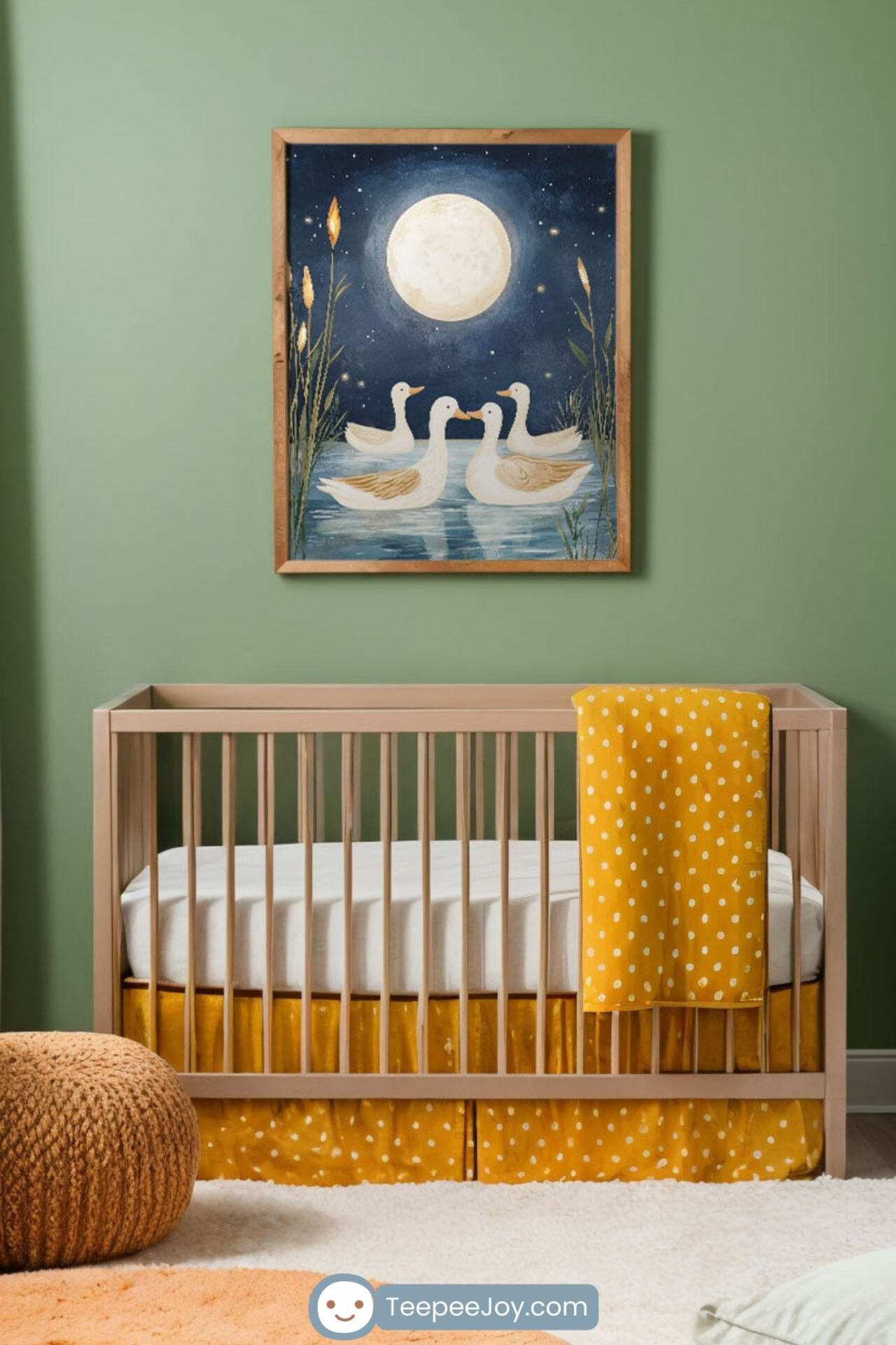 The image showcases a cozy nursery featuring soft green walls accented with warm yellow and orange decor elements, creating a soothing yet cheerful atmosphere. At the center is a wooden crib, complemented by a matching dresser and a plush armchair. A framed illustration of ducks swimming under a full moon adds a whimsical and dreamy touch to the space, perfect for a child's room.