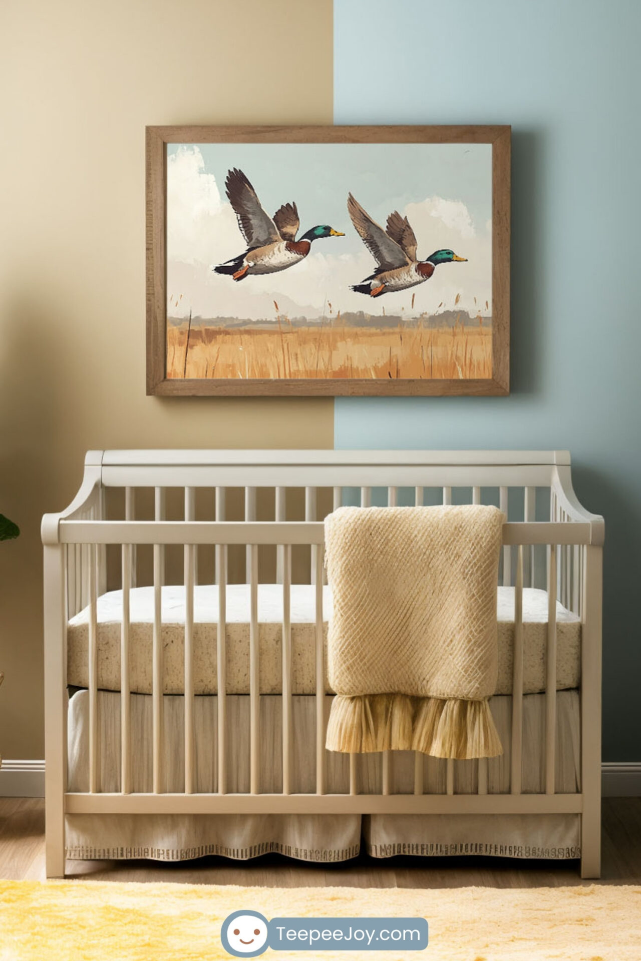 The image showcases a cozy nursery with a neutral-toned crib, a soft yellow rug, and elegant furniture complemented by a warm and peaceful ambiance. Above the crib hangs artwork featuring two mallard ducks flying over a golden field, blending nature-inspired decor with the room's soft color palette. The design balances simplicity and sophistication, creating a serene space for a baby or young child.
