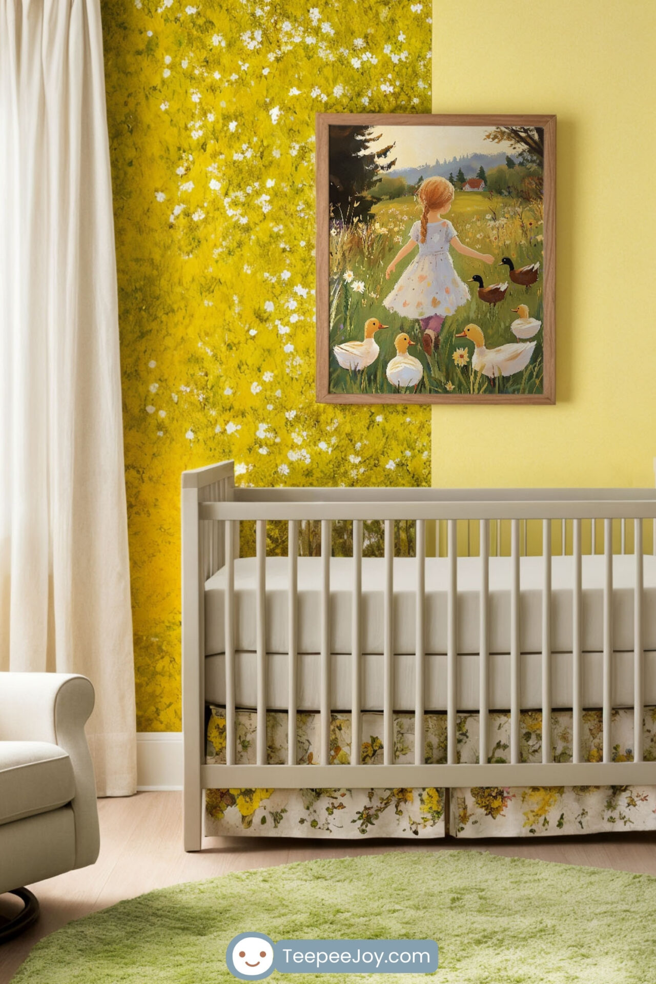 This nursery radiates warmth and charm with a vibrant yellow and green color scheme. The focal point is a whimsical wall art piece of a young girl walking among ducks in a sunny meadow, perfectly complementing the floral accent wall. The room includes a white crib, a cozy armchair with a sunflower pillow, a soft green rug, and wooden furniture, creating a bright and cheerful space ideal for a baby or young child.