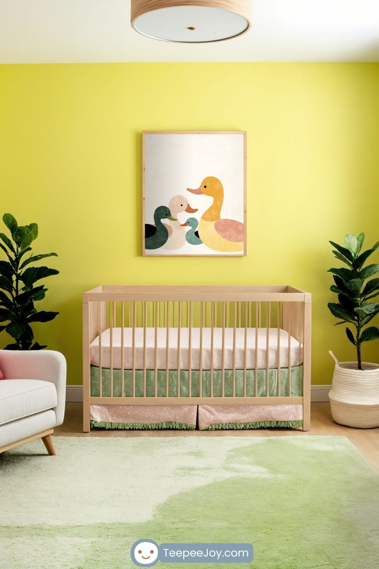 This image showcases a bright and cheerful nursery featuring a minimalist duck family wall art, with pastel yellow and green tones dominating the decor. The room includes a wooden crib, a light beige armchair with a pink pillow, and shelves with colorful books, creating a cozy and playful environment.