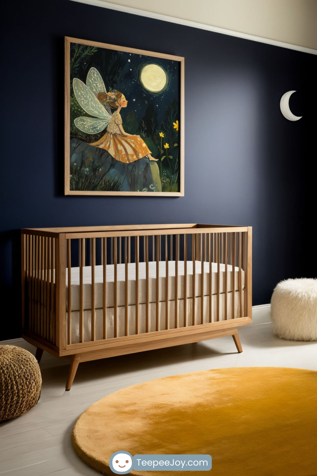 This image showcases a nursery with a celestial and serene theme. A wooden crib is set against a dark blue accent wall adorned with a framed artwork of a fairy gazing at the moon. The room features golden accents, including a round rug and pillows, light beige curtains, and a cozy white armchair. Floating shelves with books and a moon-shaped wall decor add whimsical touches, creating a calming and magical space.