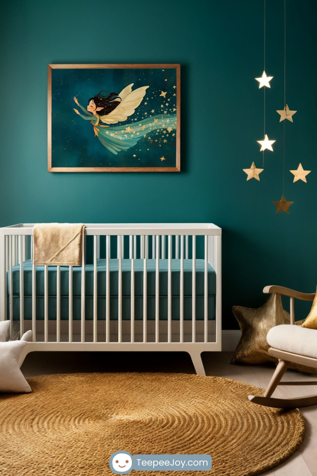 This image displays a beautifully styled nursery with a celestial and magical theme. A white crib with teal bedding is set against a bold teal accent wall featuring framed artwork of a fairy flying through a starlit sky. The room is decorated with golden star accents, including a mobile, sheer curtains, and throw pillows, while a natural woven rug and a light wooden rocking chair add warmth and texture.