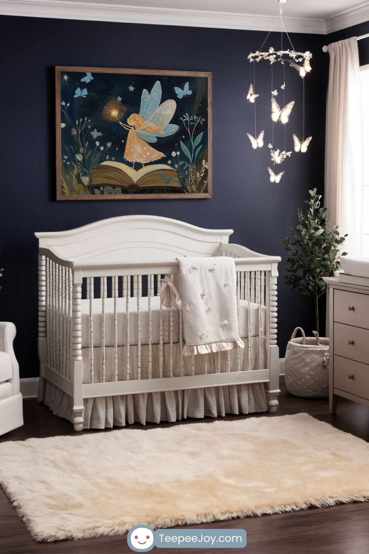 A cozy nursery with navy walls featuring a framed fairy-themed wall art as a centerpiece above a white crib. The room is styled with a soft cream rug, a white changing table, and a rocking chair with pink accent pillows. Delicate butterfly decorations and natural greenery add a whimsical and serene touch to the space.