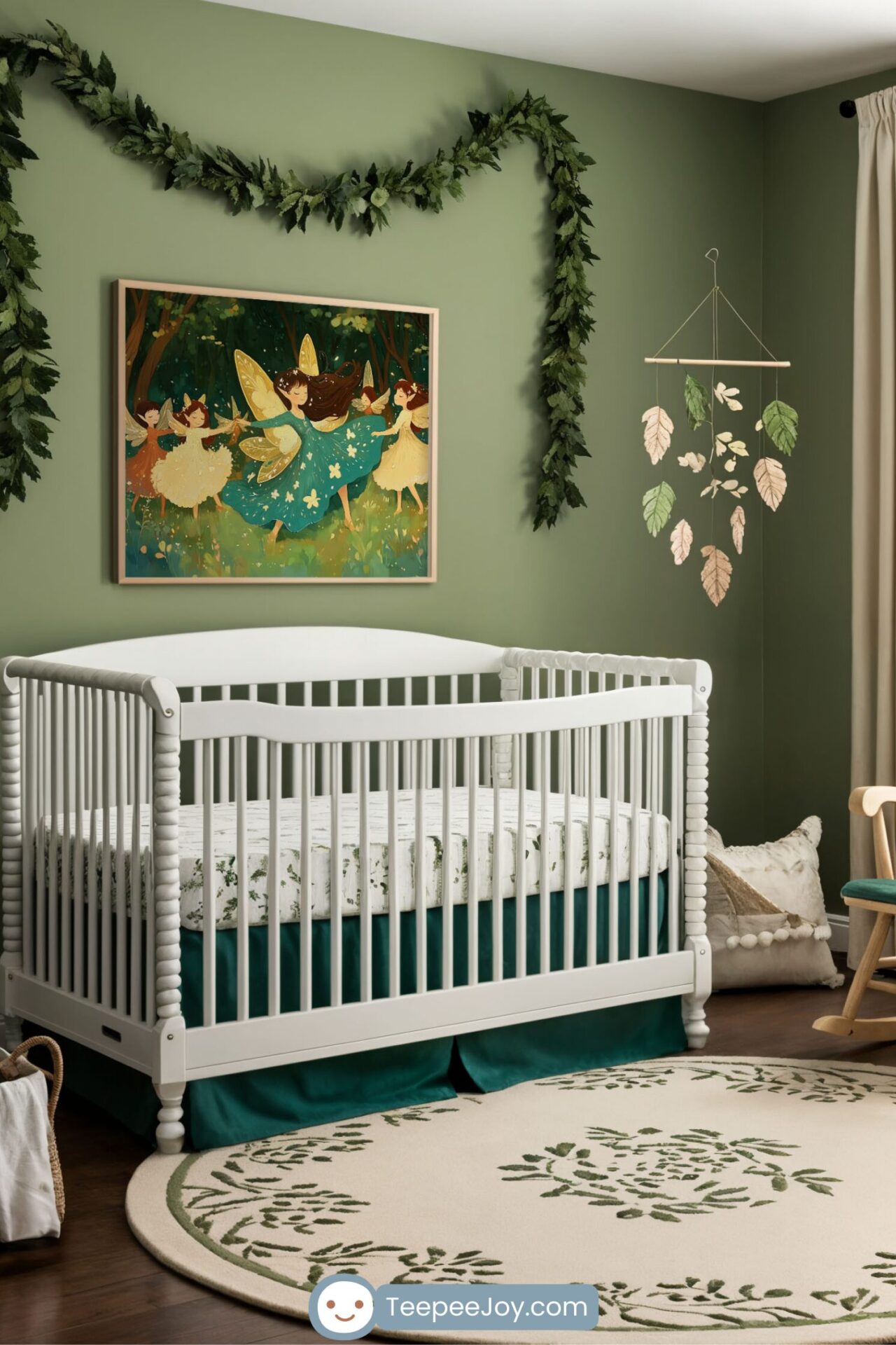 This image features a nature-inspired nursery with a warm and cozy aesthetic. The room is painted in a soft green, adorned with leafy garlands and a framed artwork of fairies dancing in a magical forest. A white crib with green accents, a light wood rocking chair with green cushions, and a round rug with a botanical design complete the enchanting and tranquil atmosphere.