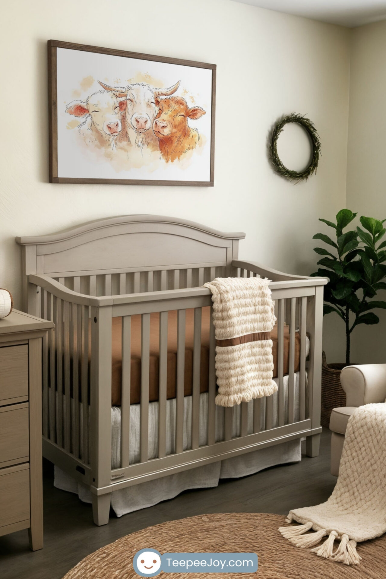 Cozy, neutral-toned nursery featuring a wooden crib with a soft beige blanket draped over the side, a matching dresser with a changing pad, and a plush armchair with a throw blanket and pillow. A round woven rug sits on the floor, complementing the warm, earthy decor. Above the crib, a framed watercolor-style painting of three cows adds a rustic charm to the space, while a potted plant and a wreath on the wall enhance the natural, calming aesthetic.