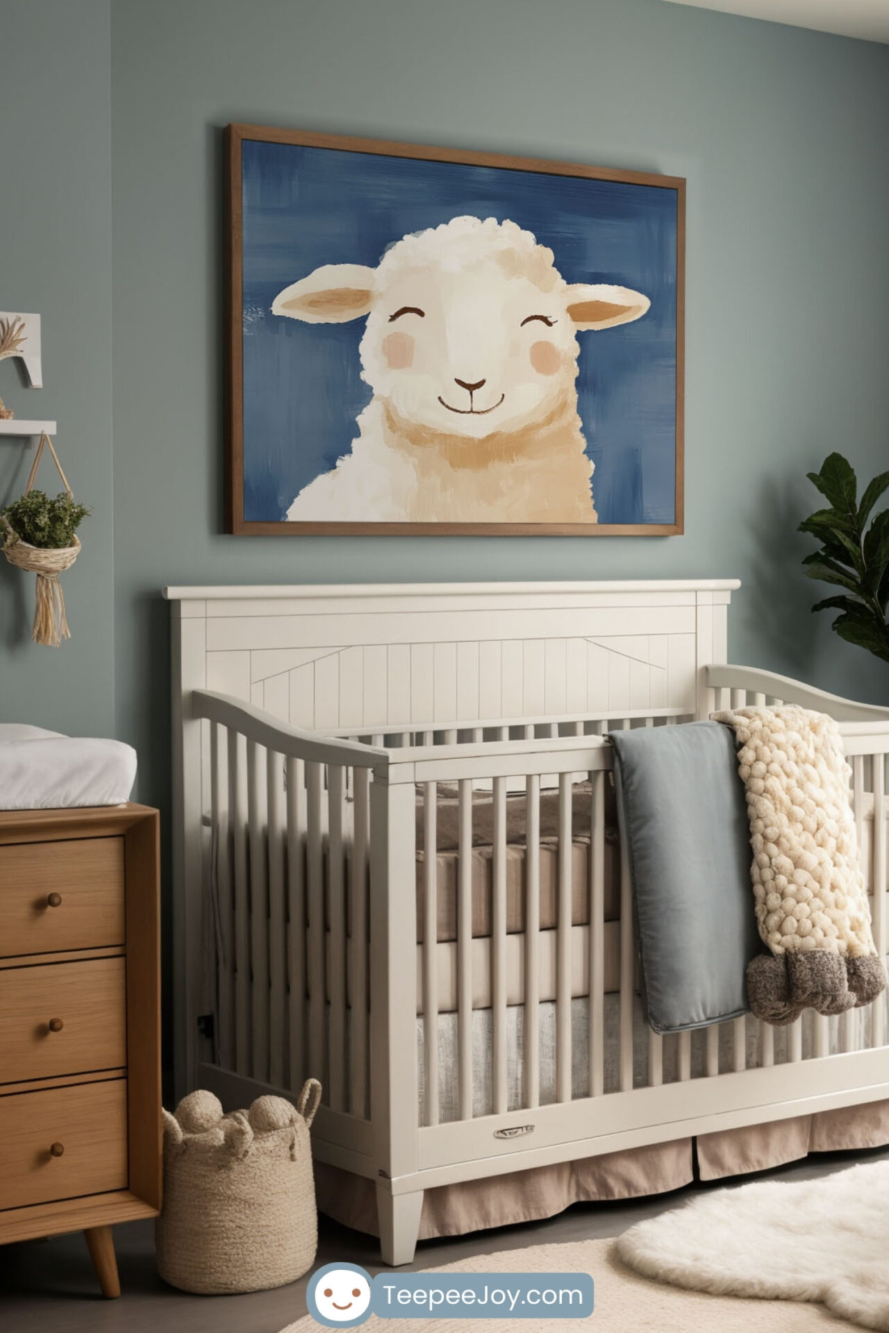 Serene nursery featuring whimsical sheep wall art
