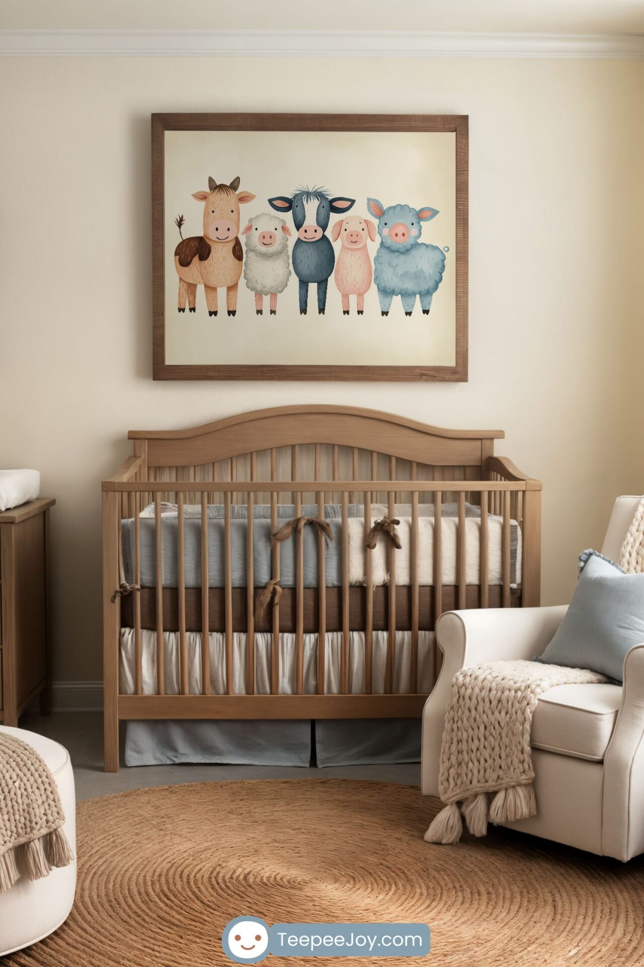 Cozy farmhouse nursery with cheerful farm animal art