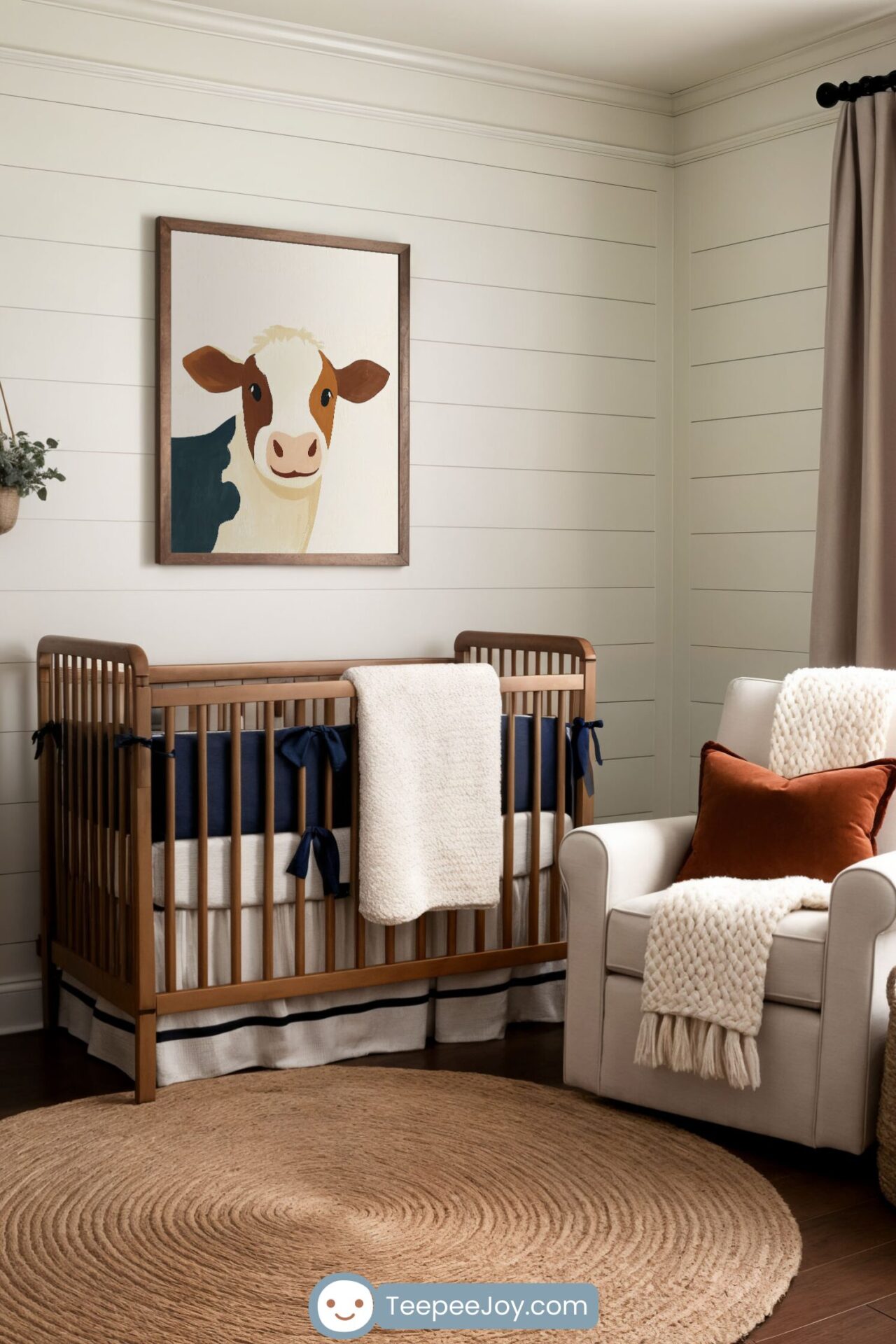 Cozy farmhouse-style nursery featuring a wooden crib with navy blue ribbon accents, a matching wooden dresser, and a plush white armchair with a rust-colored pillow and knit throw. Above the crib, a framed minimalist cow illustration adds a playful yet modern touch to the shiplap-paneled wall. The room is styled with warm neutral tones, soft pink curtains, a woven round rug, and rustic decor, creating a calming and inviting space.