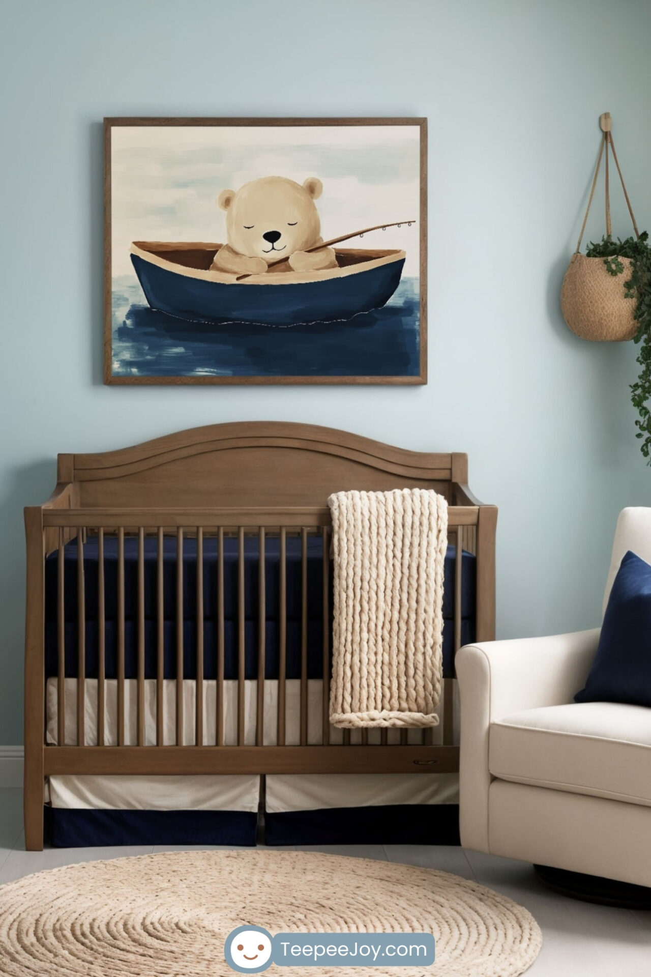 Serene nursery featuring fishing bear wall art
