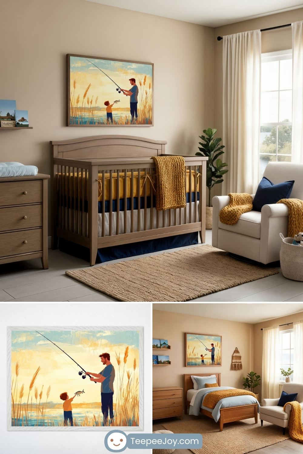 A serene fishing-themed nursery decorated in warm beige, navy blue, and mustard yellow tones. A rustic wooden crib with a mustard yellow blanket is placed against the wall, with a soft woven rug and a white armchair nearby. Above the crib hangs a framed painting of a father and child fishing near tall grass by the water, with the child holding a small fish. The bottom section of the image highlights a close-up of the artwork and a coordinating bedroom with similar coastal-inspired decor. Image from TeepeeJoy.com.