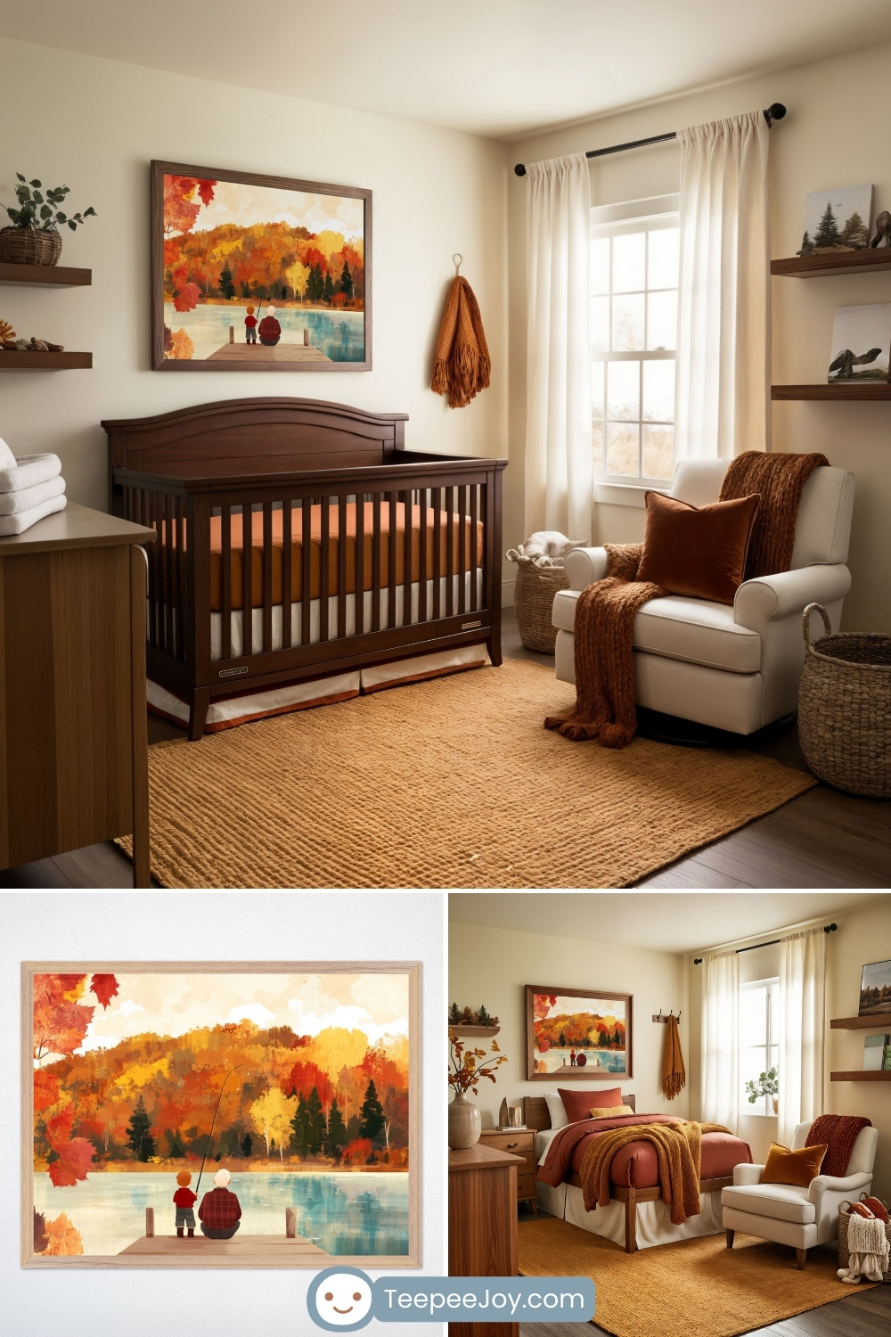 A cozy, fishing-themed nursery with a warm autumn color palette. The room features a dark wood crib, a white armchair with burnt orange accents, and a soft woven rug. A framed painting of a grandfather and child fishing on a dock, surrounded by fall foliage, hangs above the crib. The bottom section of the image showcases a close-up of the artwork and a matching bedroom with a similar rustic autumn aesthetic. Image from TeepeeJoy.com.