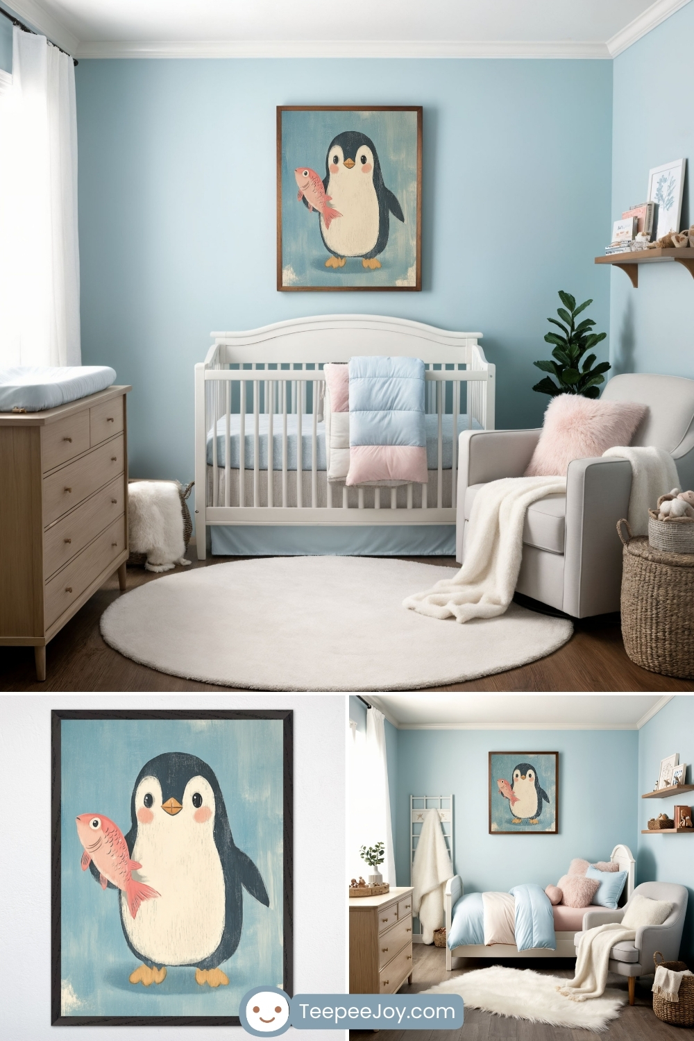 Soft and whimsical penguin-themed nursery with pastel blue walls and cozy decor. A framed illustration of a cheerful penguin holding a pink fish hangs above a white crib with light blue and pink bedding. The room features a plush round rug, a white armchair with a fluffy pink pillow and cozy throw, a wooden dresser with floating shelves, and woven baskets, creating a serene and playful Arctic-inspired atmosphere.