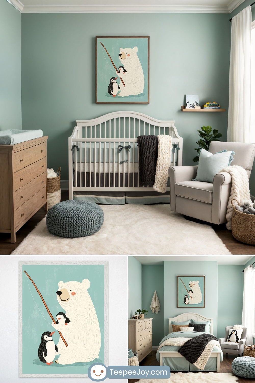 Cozy, Arctic-themed nursery with soft mint-green walls and a whimsical framed illustration of a polar bear fishing with two penguin friends hanging above a white crib. The room features natural wood furniture, a plush white rug, and knitted accents, including a chunky blue pouf and two-tone throw blankets. A neutral armchair with a light blue pillow, a woven storage basket, and floating shelves with books and decor complete the serene and playful atmosphere.