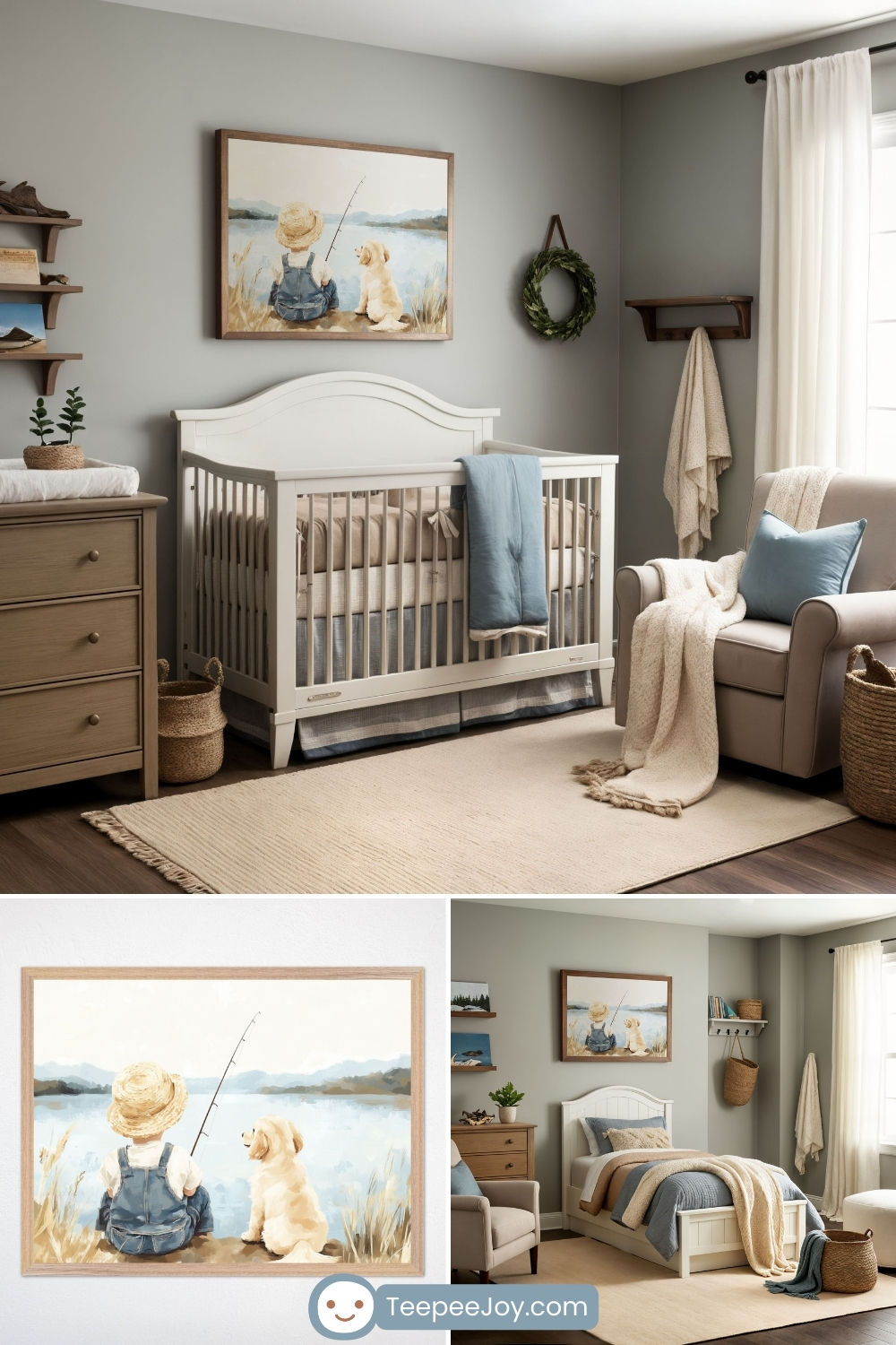 Serene, fishing-themed nursery featuring soft neutral tones and rustic charm. A framed watercolor painting of a young child in overalls and a straw hat fishing by a lake, accompanied by a golden retriever puppy, hangs above a white crib with beige and blue bedding. The room is styled with a cozy armchair, a woven rug, wooden furniture, floating shelves with nature-inspired decor, and soft blankets, creating a peaceful and nostalgic atmosphere.