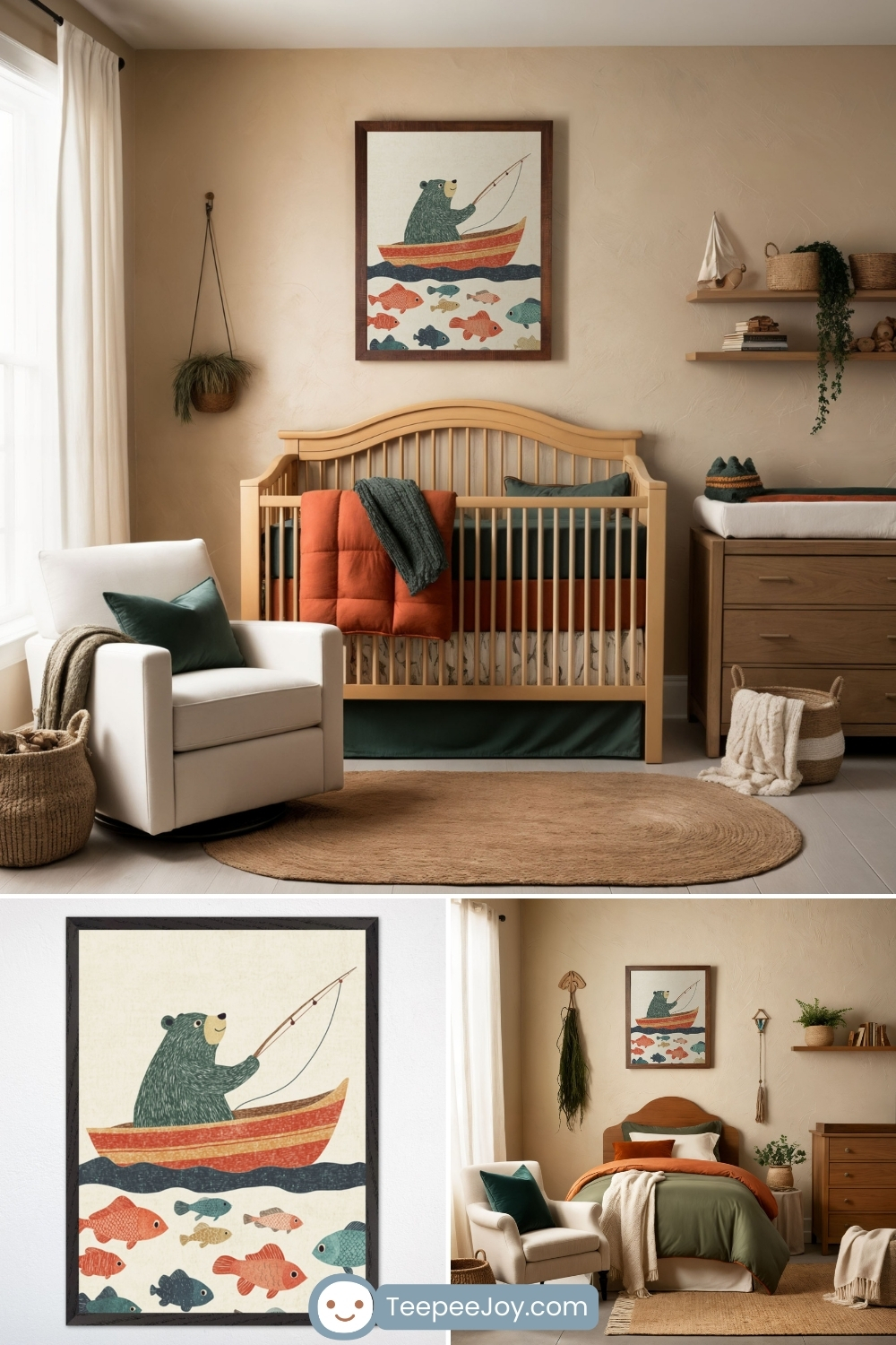 Nature-inspired nursery with earthy tones and rustic decor. A framed whimsical illustration of a bear fishing from a red boat, surrounded by colorful fish, hangs above a wooden crib with green and rust-colored bedding. The room features a white armchair with a green pillow, a wooden dresser with floating shelves decorated with woven baskets and a small sailboat, and natural textures like a jute rug, a hanging plant, and soft neutral curtains, creating a warm and adventurous atmosphere.