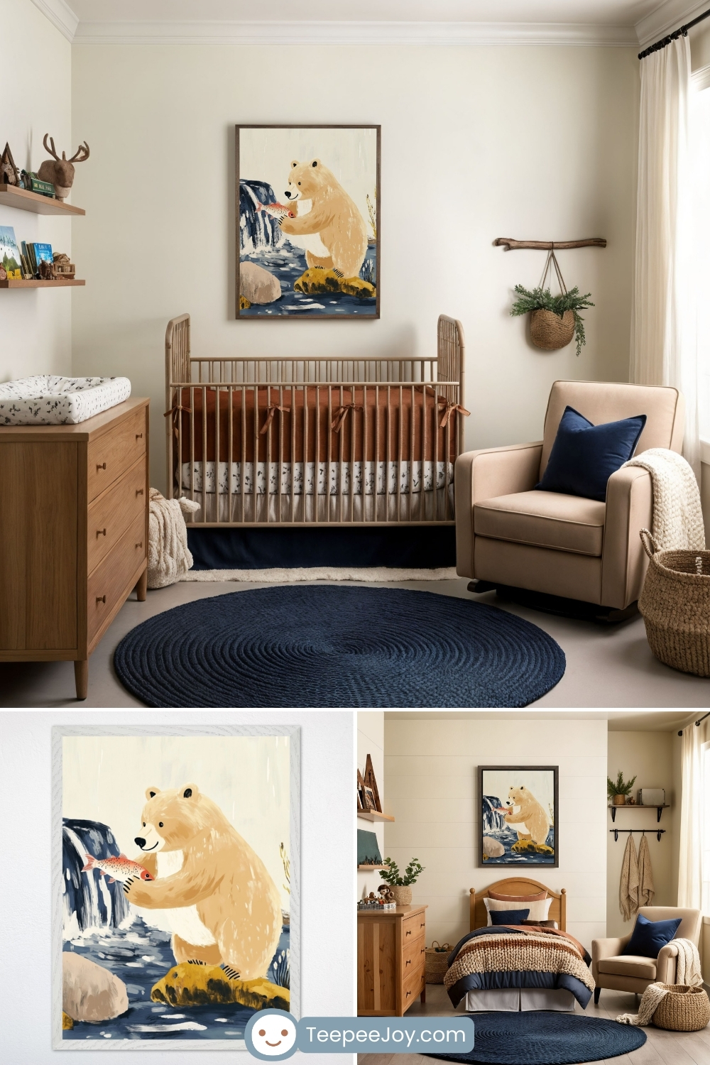 Rustic, fishing-themed nursery with warm earthy tones and deep navy blue accents. The room features a vintage-style wooden crib with burnt orange bedding, a beige armchair with a navy throw pillow, and a round navy rug. Above the crib hangs a framed painting of a friendly bear standing by a river, holding a freshly caught fish with a waterfall in the background. The bottom section of the image highlights a close-up of the artwork and a coordinating bedroom with similar nature-inspired decor. Image from TeepeeJoy.com.