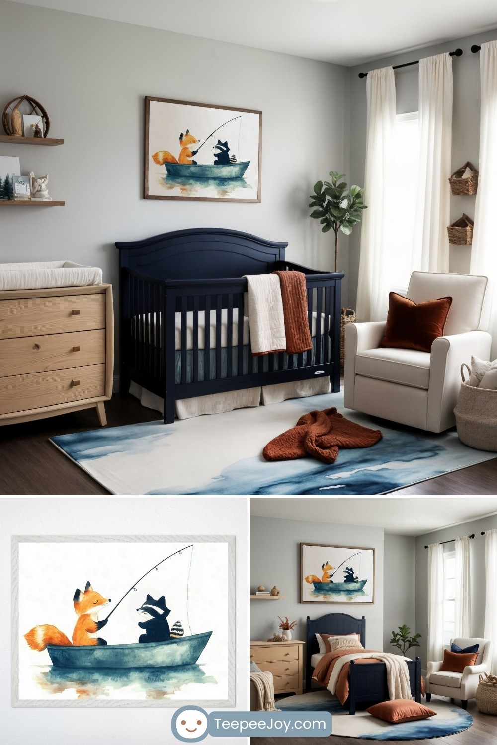 Charming woodland-themed nursery with a navy blue crib and a framed watercolor painting of a fox and raccoon fishing in a boat. The room has soft gray walls, warm wooden furniture, and cozy rust-colored accents, including a throw blanket and pillows. A water-inspired area rug, floating shelves with woodland decor, and woven baskets add to the inviting and nature-inspired atmosphere, complemented by natural light from large windows with airy white curtains.