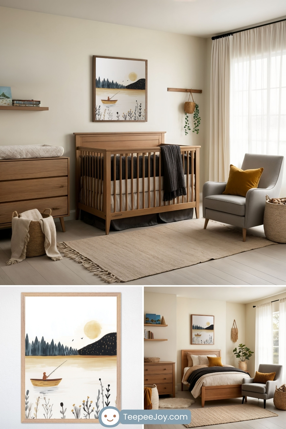 Warm and rustic fishing-themed nursery featuring natural wood furniture and neutral tones. A framed minimalist watercolor painting of a lone fisherman in a small wooden boat on a calm lake at sunset hangs above a wooden crib with dark bedding. The room is styled with a woven rug, a soft gray armchair with a mustard pillow, a wooden dresser with floating shelves, and natural decor elements like a hanging plant and woven baskets, creating a cozy, nature-inspired retreat.
