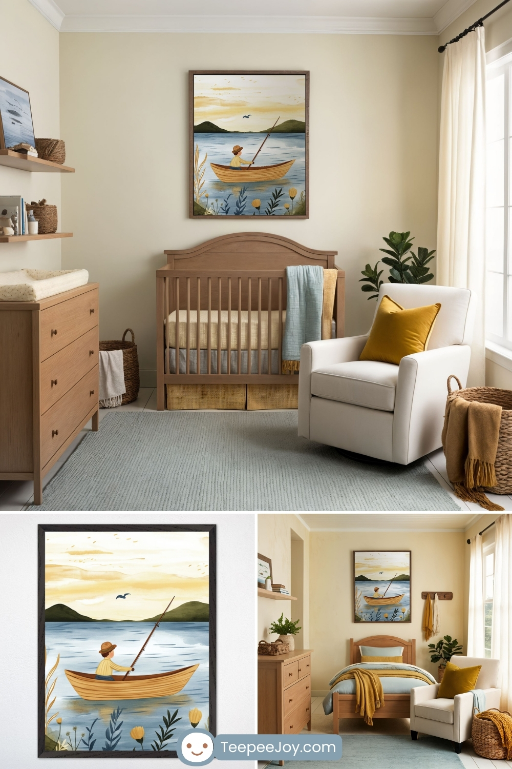 A cozy, fishing-themed nursery featuring warm, earthy tones and natural wood furniture. A framed watercolor painting of a child in a yellow wooden boat, fishing on a calm lake at sunset, hangs above a wooden crib with beige and blue bedding. The room includes a white armchair with a mustard pillow, a wooden dresser with floating shelves, woven baskets, a soft blue area rug, and large windows with flowing cream-colored curtains, creating a tranquil, nature-inspired atmosphere.