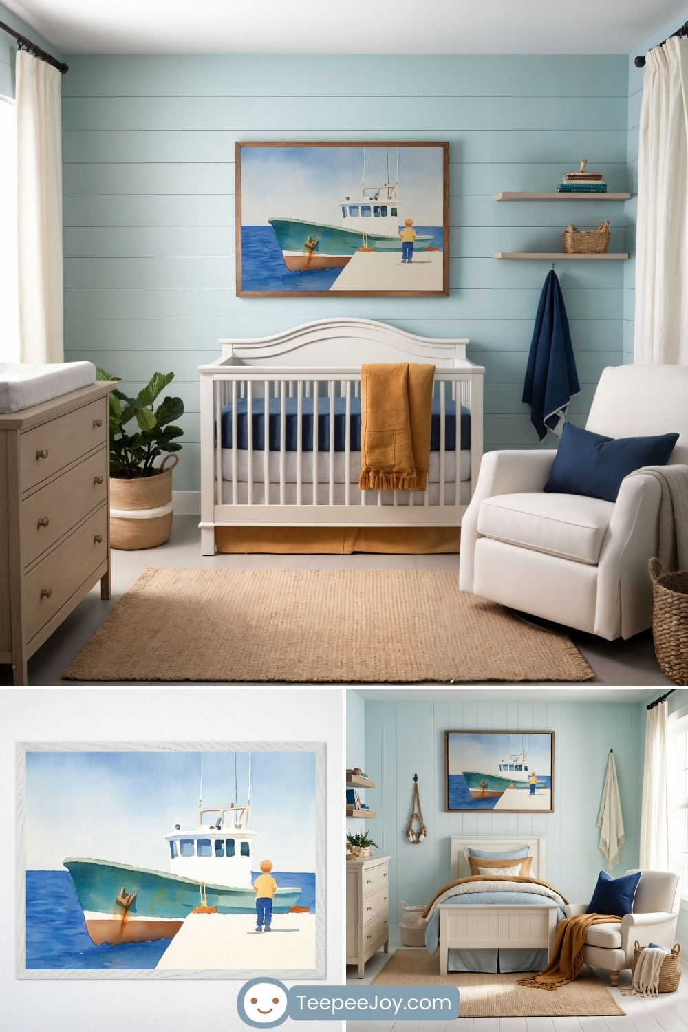 Serene, fishing-themed nursery with light blue shiplap walls and coastal decor. A framed watercolor painting of a child standing on a dock near a green fishing boat hangs above a white crib with navy and mustard bedding. The room features a white armchair with a navy pillow, a wooden dresser, floating shelves with books and decor, and a woven basket, all complemented by a neutral jute rug and natural light from a large window.