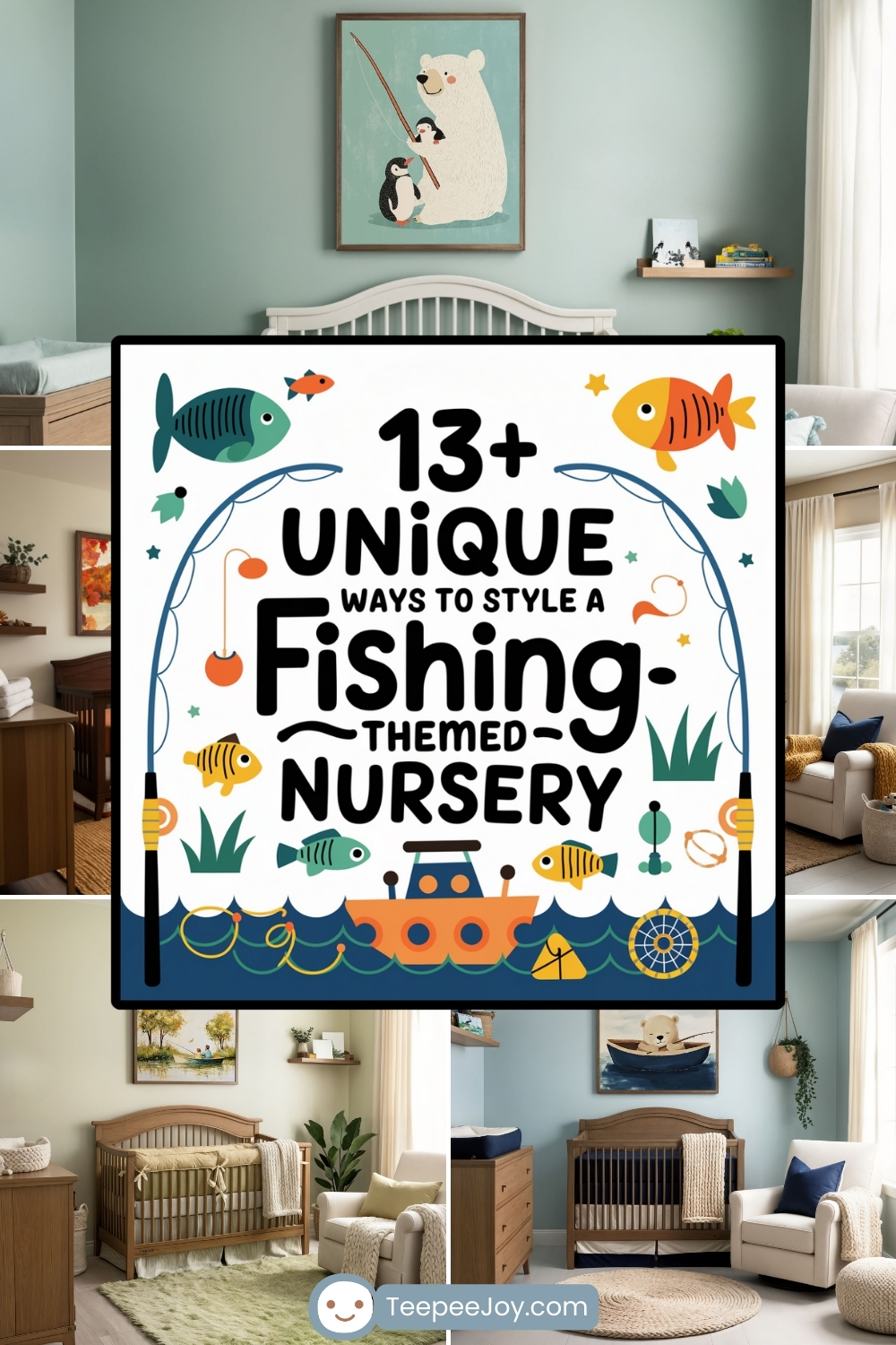 Fishing-themed nursery collage of designs featuring soft, natural colors and cozy decor. The central image showcases a nursery with a muted green wall, a white crib, and a framed illustration of a polar bear and penguins fishing. Below, a large illustrated sign reads, "13+ Unique Ways to Style a Fishing-Themed Nursery," decorated with colorful fish, a fishing rod, and a boat. Surrounding images depict various nursery setups with fishing-inspired artwork, wooden cribs, plush seating, and nature-themed accents, creating a warm and adventurous atmosphere.