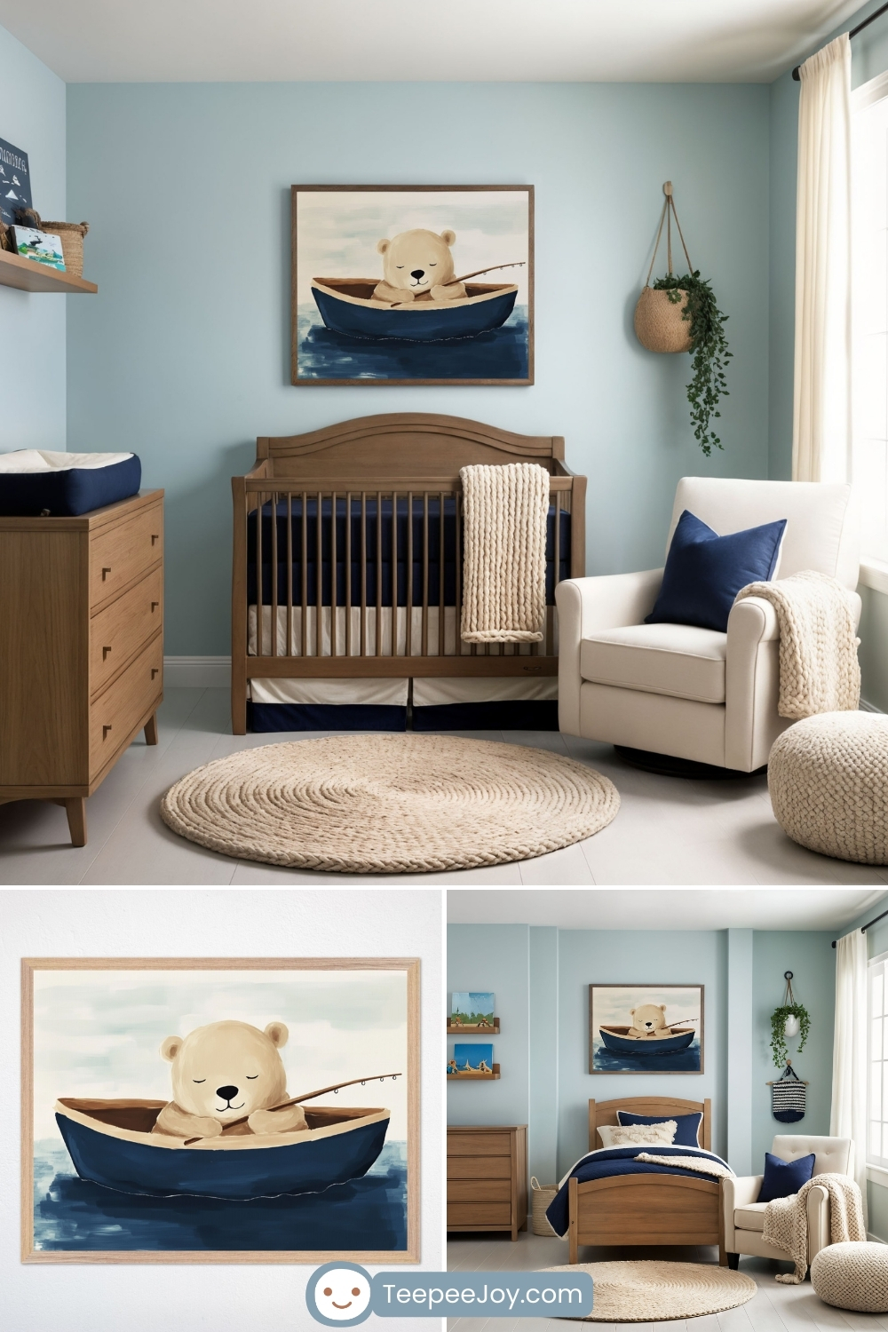 Charming fishing-themed nursery with a soft blue and nautical-inspired color palette. The room features a wooden crib with navy blue bedding, a white armchair with a navy accent pillow, and a cozy round woven rug. Above the crib hangs a framed painting of an adorable sleepy bear in a small boat, peacefully holding a fishing rod. The bottom section of the image showcases a close-up of the artwork and a matching bedroom with similar oceanic decor. Image from TeepeeJoy.com.