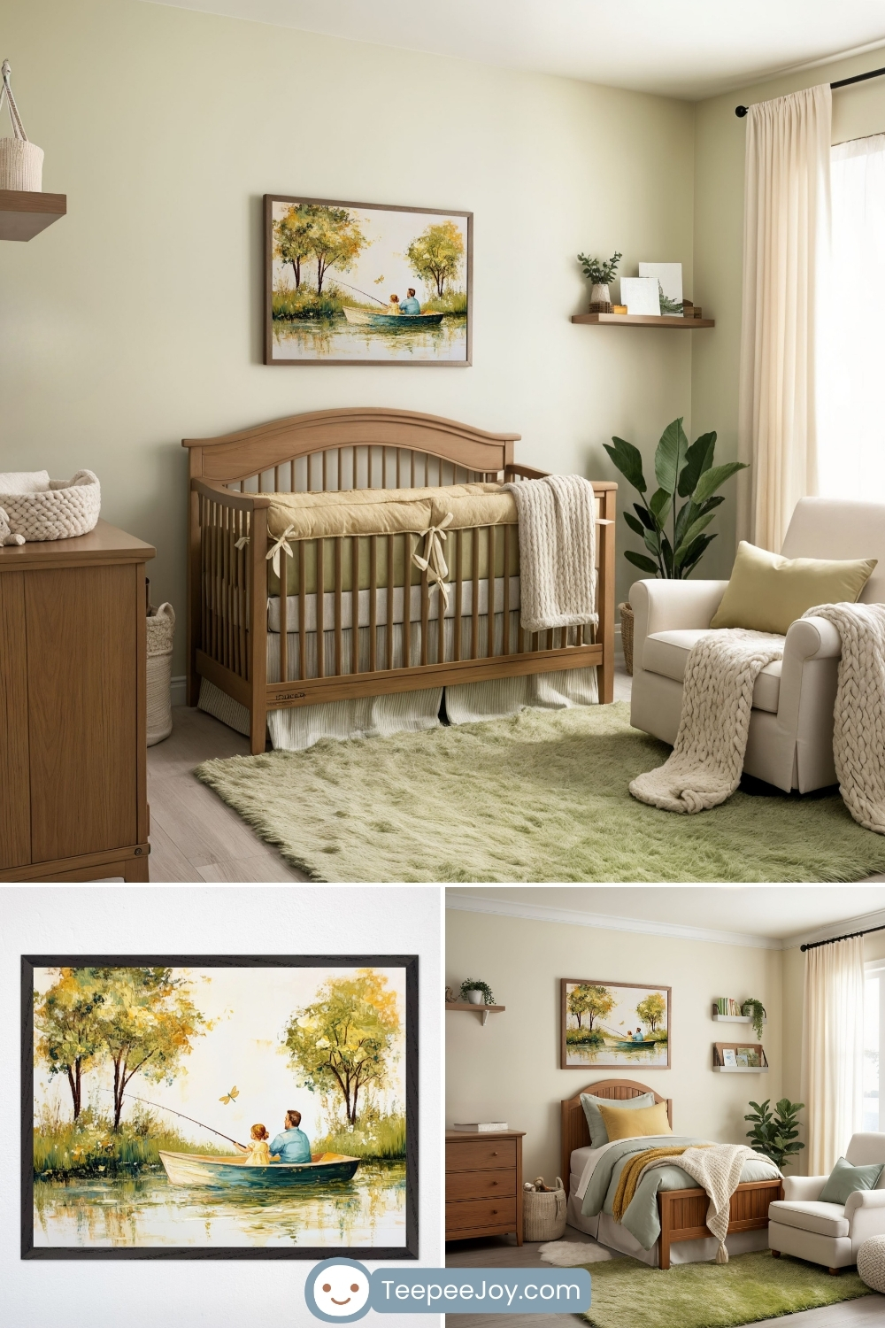 Tranquil fishing-themed nursery with soft green and beige tones. The room features a light wood crib with sage green and cream bedding, a plush green rug, and a cozy white armchair with a chunky knit blanket. Above the crib hangs a framed painting of a father and child fishing from a small boat, surrounded by lush trees and calm water. The bottom section of the image includes a close-up of the artwork and a coordinating bedroom with similar nature-inspired decor. Image from TeepeeJoy.com.