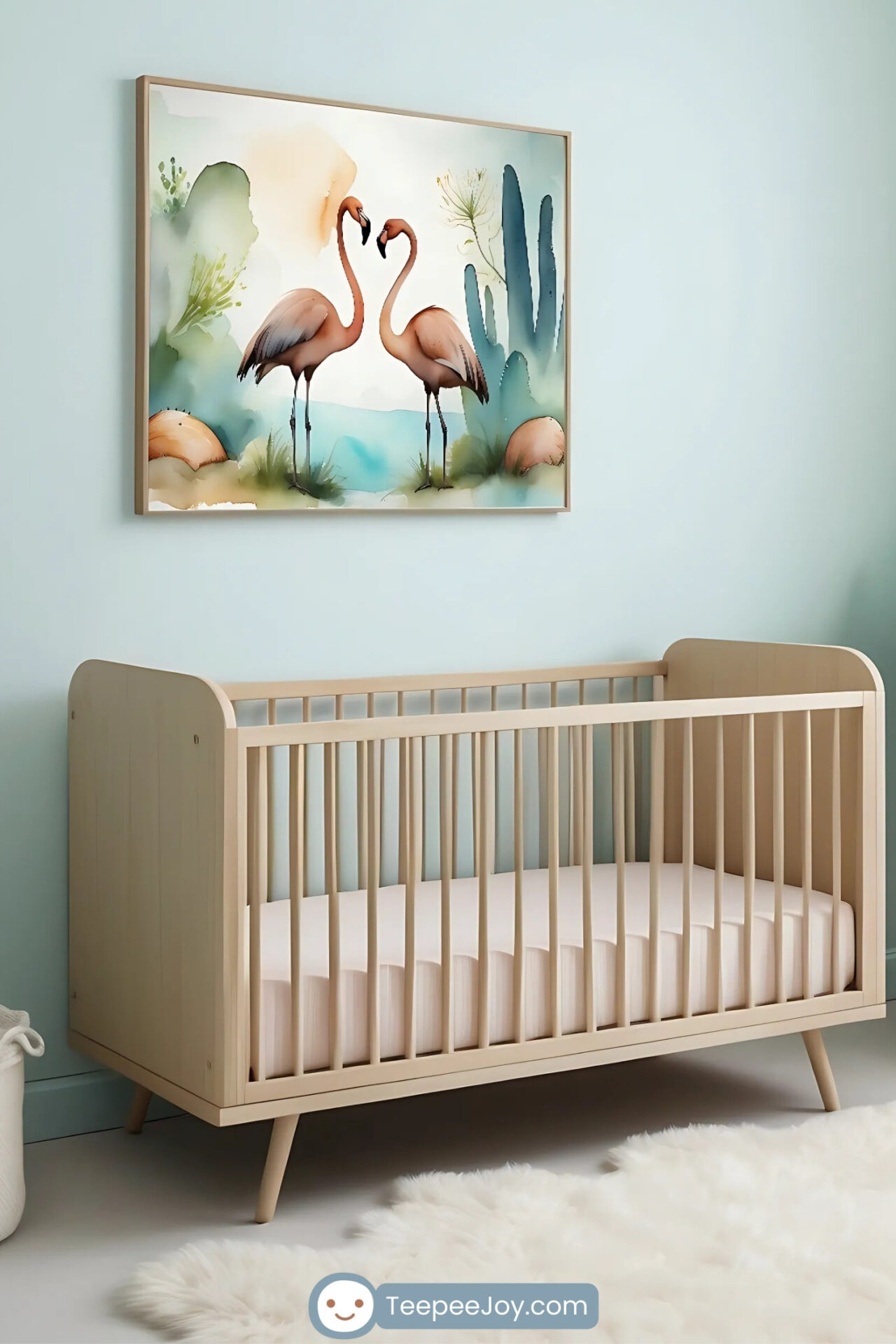 Neutral nursery with a light wooden crib set against a soft mint green wall, featuring a framed watercolor-style flamingo print above. The artwork shows two flamingos facing each other, surrounded by abstract greenery and soft, pastel jungle elements, adding a serene safari vibe to the room.