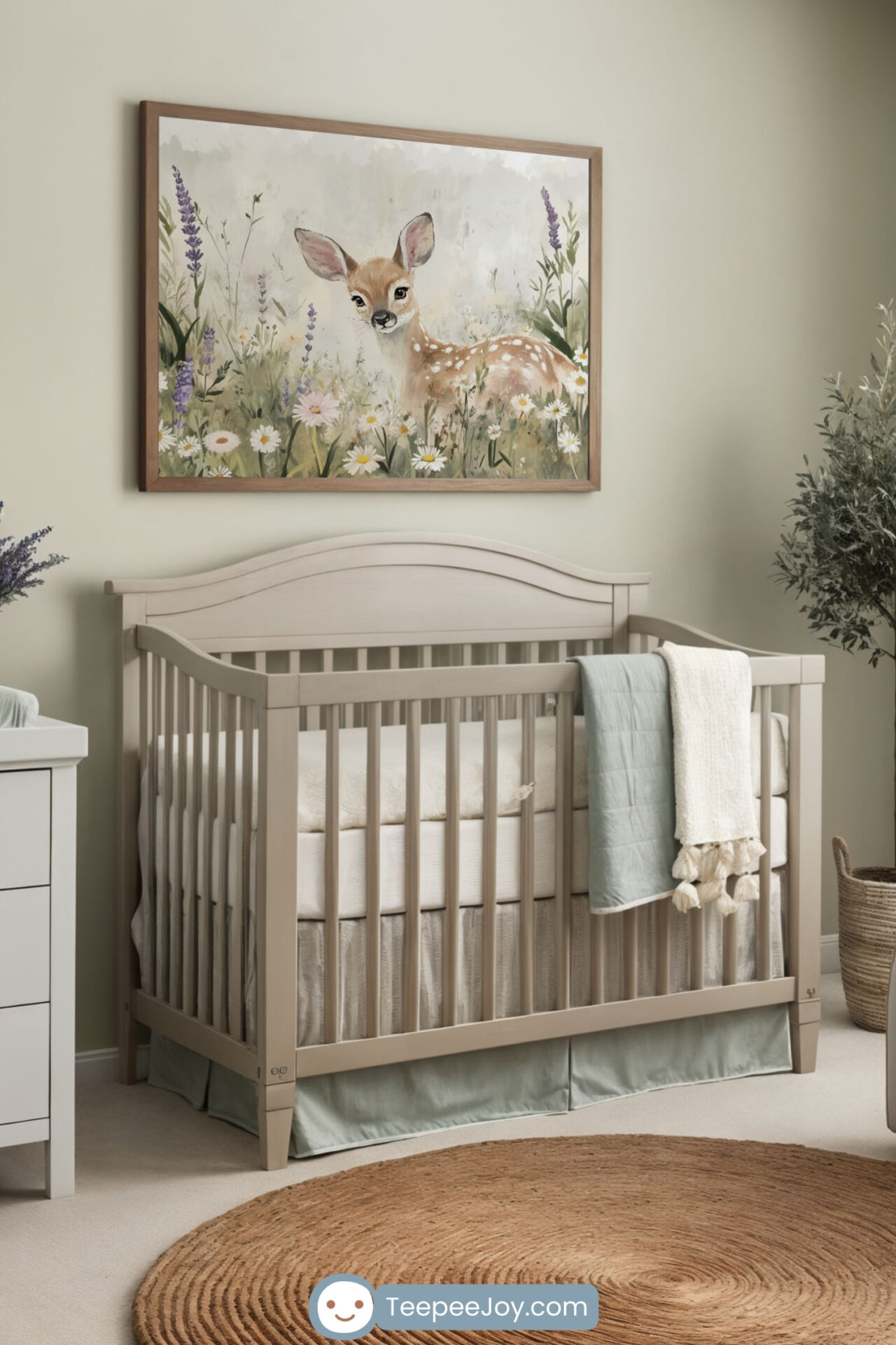 Serene and nature-inspired nursery featuring a neutral-toned crib with soft sage and cream bedding, set against a beige and muted green wall. Above the crib hangs a framed watercolor-style painting of a gentle fawn among wildflowers. A white dresser with lavender in a vase, floating shelves with wooden toys, a cozy cream armchair, and a woven jute rug complete the calming, woodland-themed decor.
