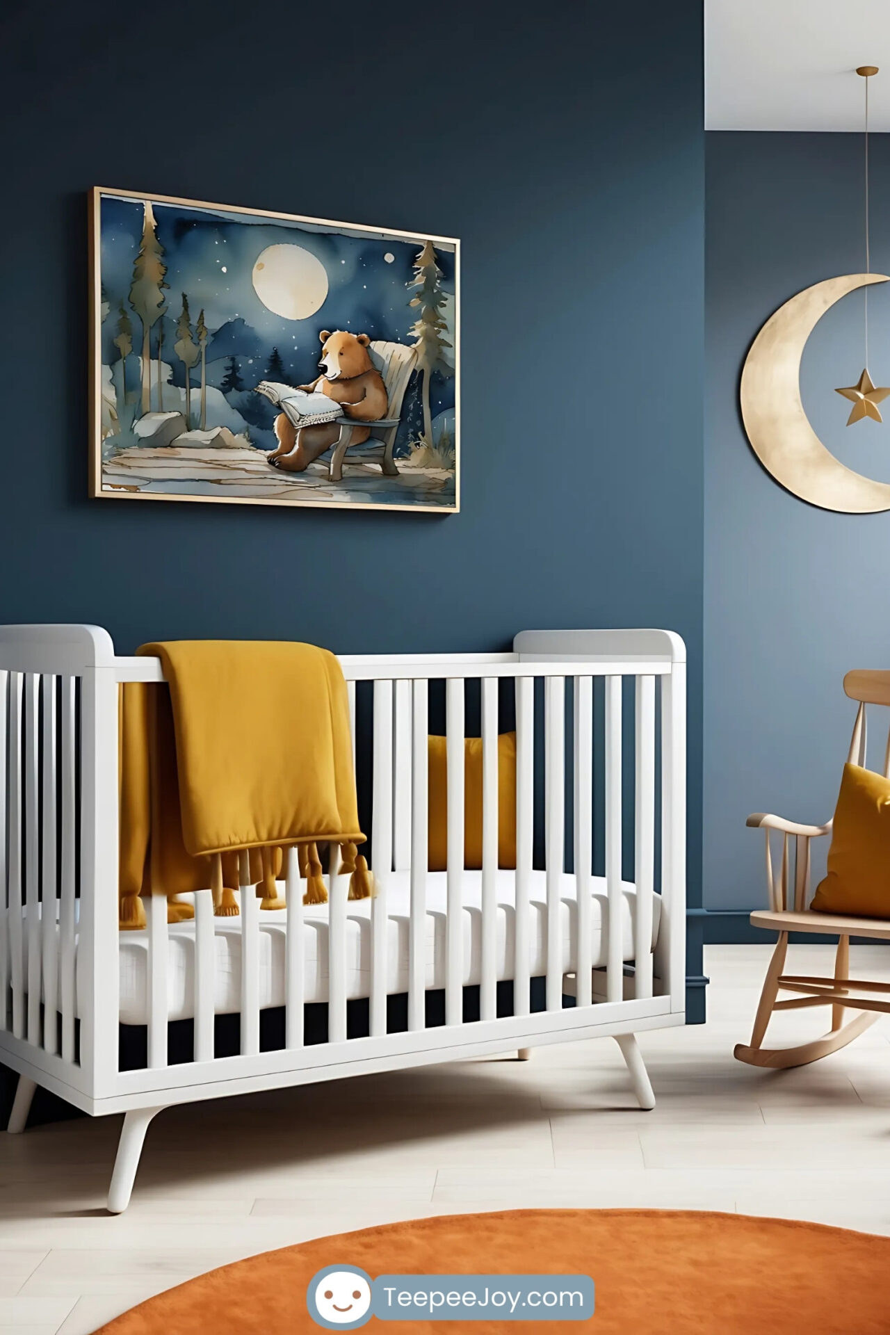 Stylish and adventurous kids' bedroom with an earthy green wall, featuring a dark green twin bed with mustard and beige bedding. Above the bed, a framed painting of a monster truck mid-air during a stunt in a stadium adds excitement and energy to the space. The room is accented with a chunky knit throw, textured pillows, and a braided circular rug in shades of green, black, and beige, creating a cozy yet bold atmosphere perfect for a young motorsports fan.