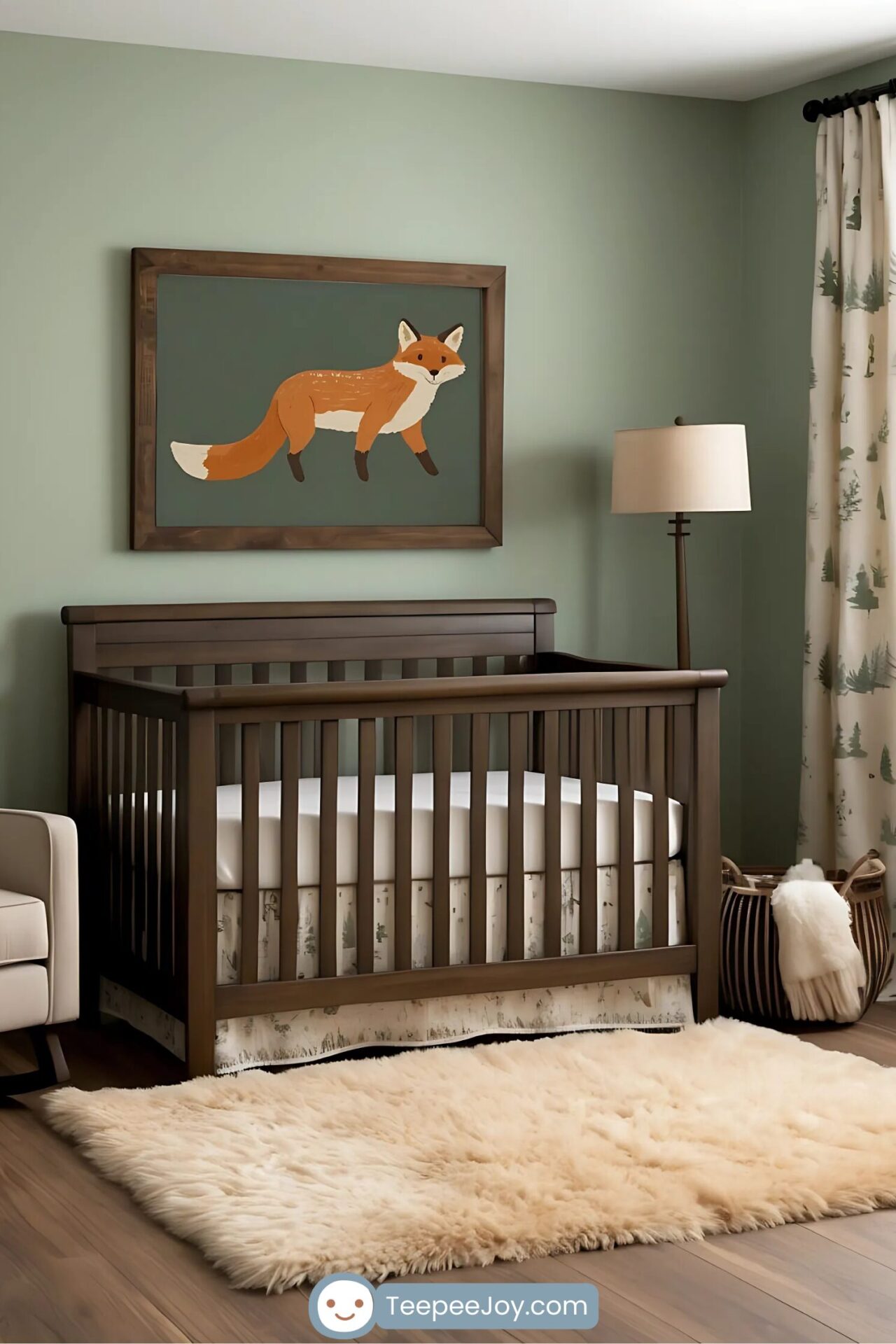 Warm and rustic nursery featuring a dark wood crib against a soft sage green wall. Above the crib, a framed painting of a simple, stylized fox on a muted green background adds a charming woodland touch. The room is decorated with a plush cream rug, a tall floor lamp, nature-inspired curtains with tree prints, and a woven storage basket with cozy blankets, creating a peaceful and inviting space.