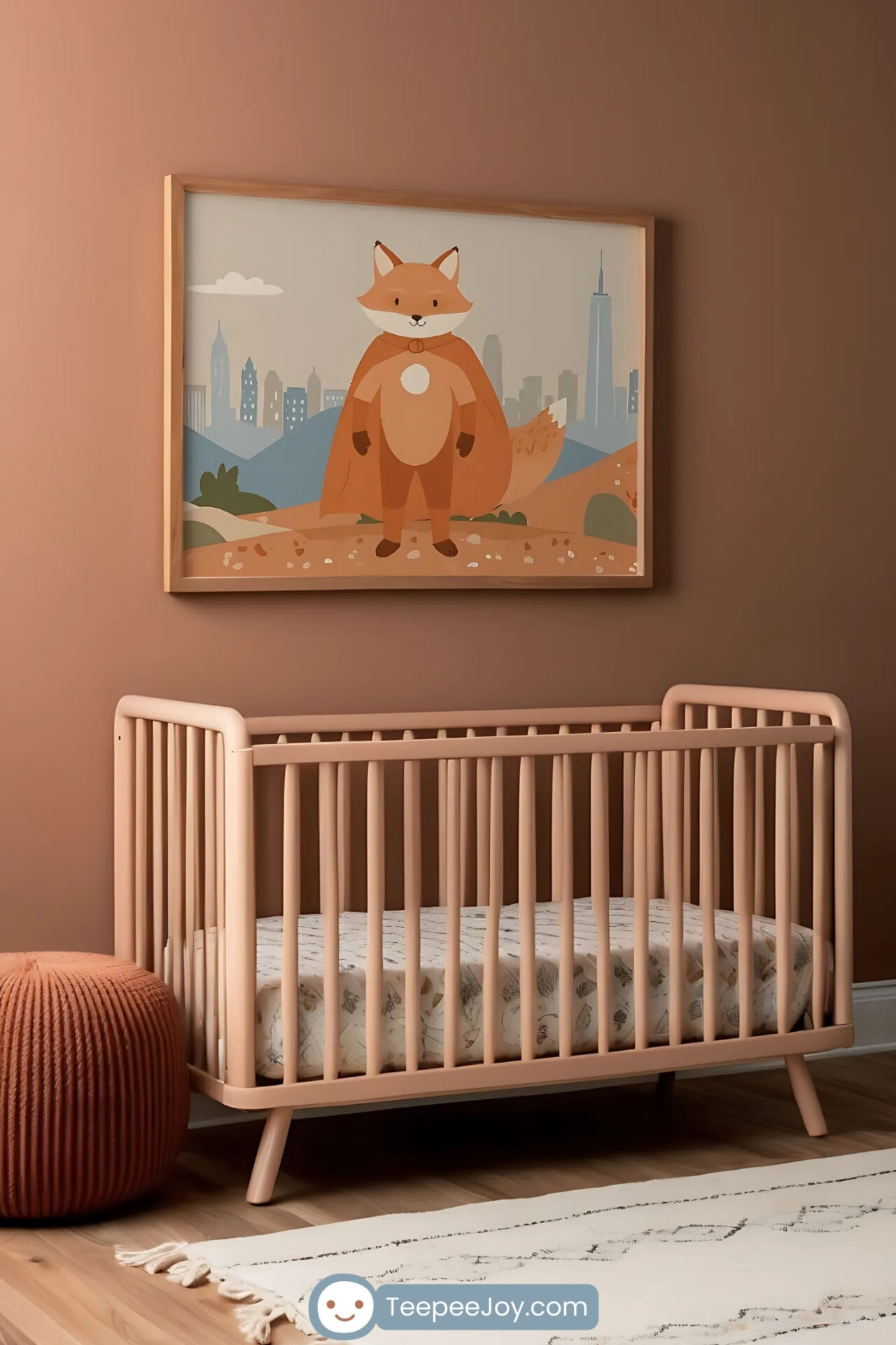Warm-toned nursery with terracotta walls, featuring a light peach crib and a soft, knitted pouf beside it. Above the crib hangs playful wall art of a cartoon fox dressed as a superhero, complete with a cape, set against a cityscape background. The space feels modern, cozy, and full of character—perfect for a little adventurer.