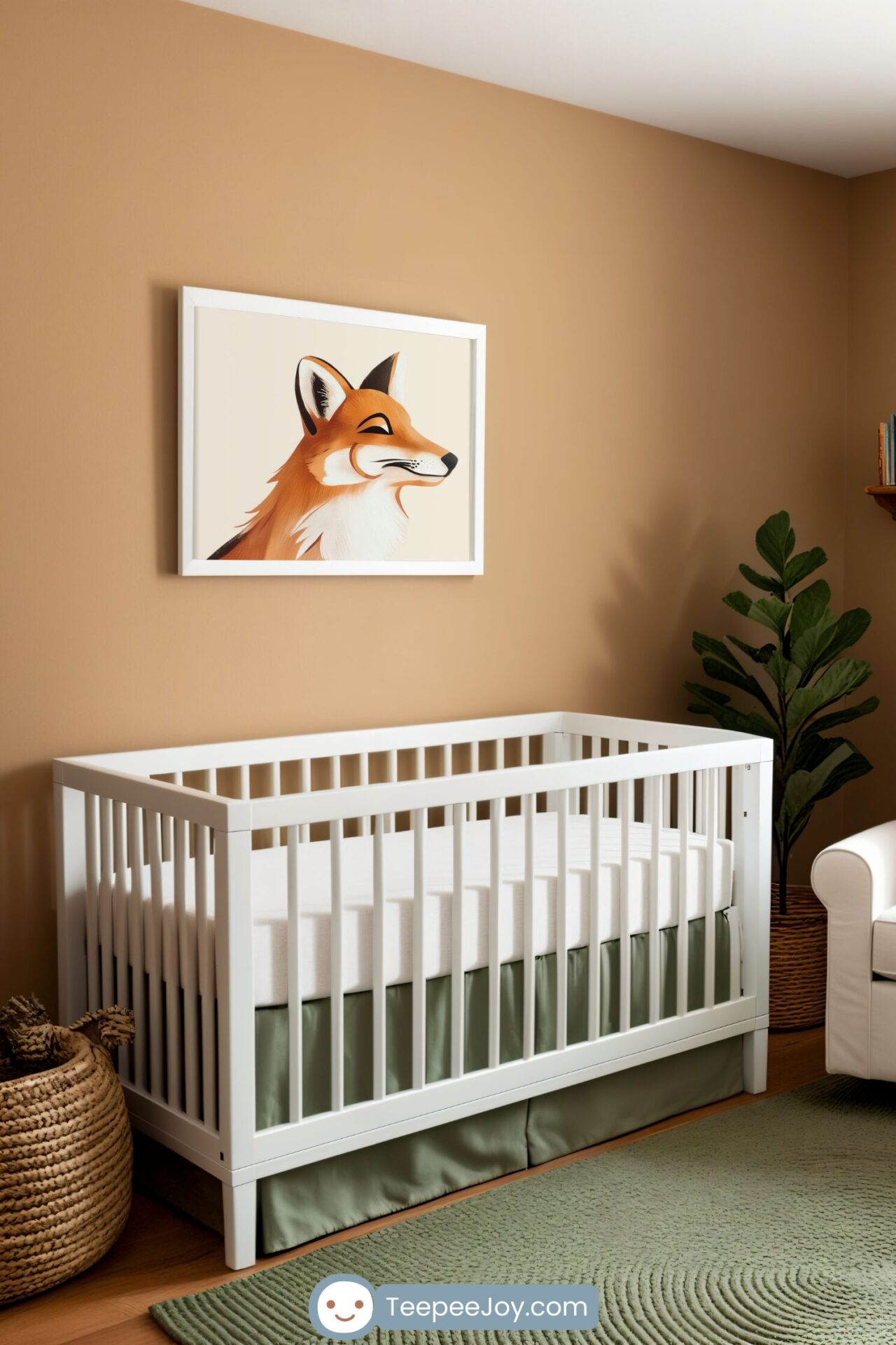 Warm and earthy nursery featuring a white crib with sage green bedding against a soft tan wall. Above the crib, a framed illustration of a fox with a content expression on a neutral background adds a charming and nature-inspired touch. The room is styled with a woven storage basket, a large green plant, a cozy cream armchair, a small wooden shelf with books, and a textured sage green rug, creating a calm and inviting space.