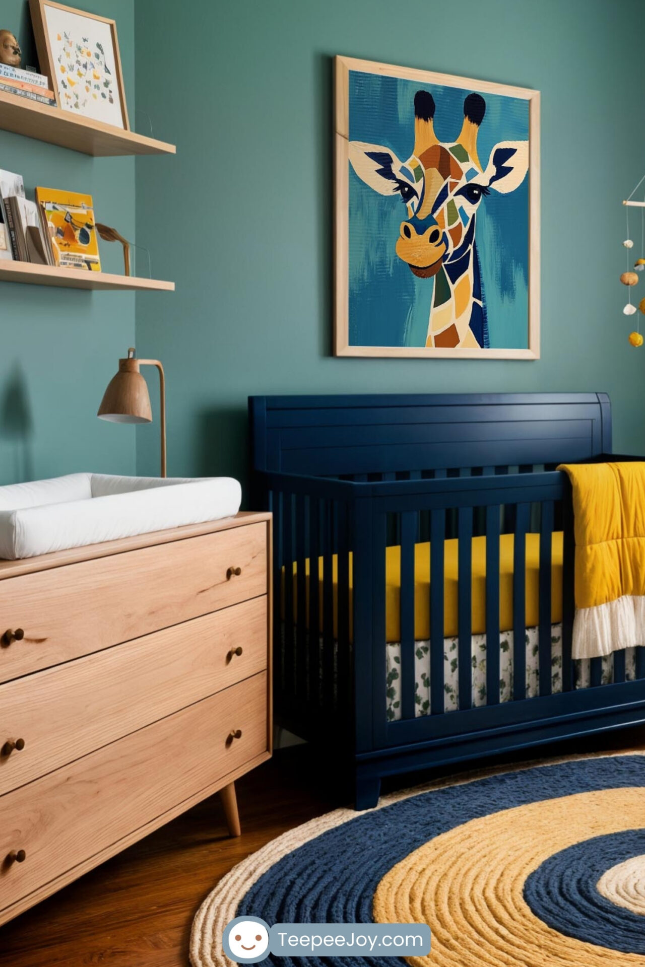 Vibrant, abstract painting of a giraffe with a mosaic-like pattern in shades of blue, gold, green, and brown. The giraffe’s face is expressive with large dark eyes, a cheerful smile, and bold geometric shapes defining its features. The background is a textured teal, adding depth and contrast to the playful and modern art style.