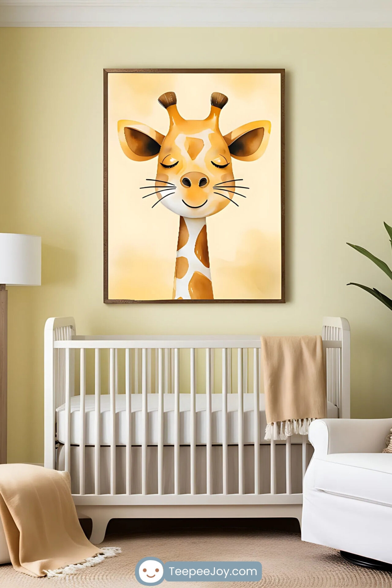 This image showcases a tranquil nursery with soft yellow walls and a calming atmosphere. The centerpiece is a framed illustration of a smiling giraffe with a golden coat and brown spots, displayed above a white crib with a beige throw draped over it. The room is complemented by a cozy armchair with a textured pillow, a potted plant, and a floor lamp, creating a bright and inviting space for a baby.