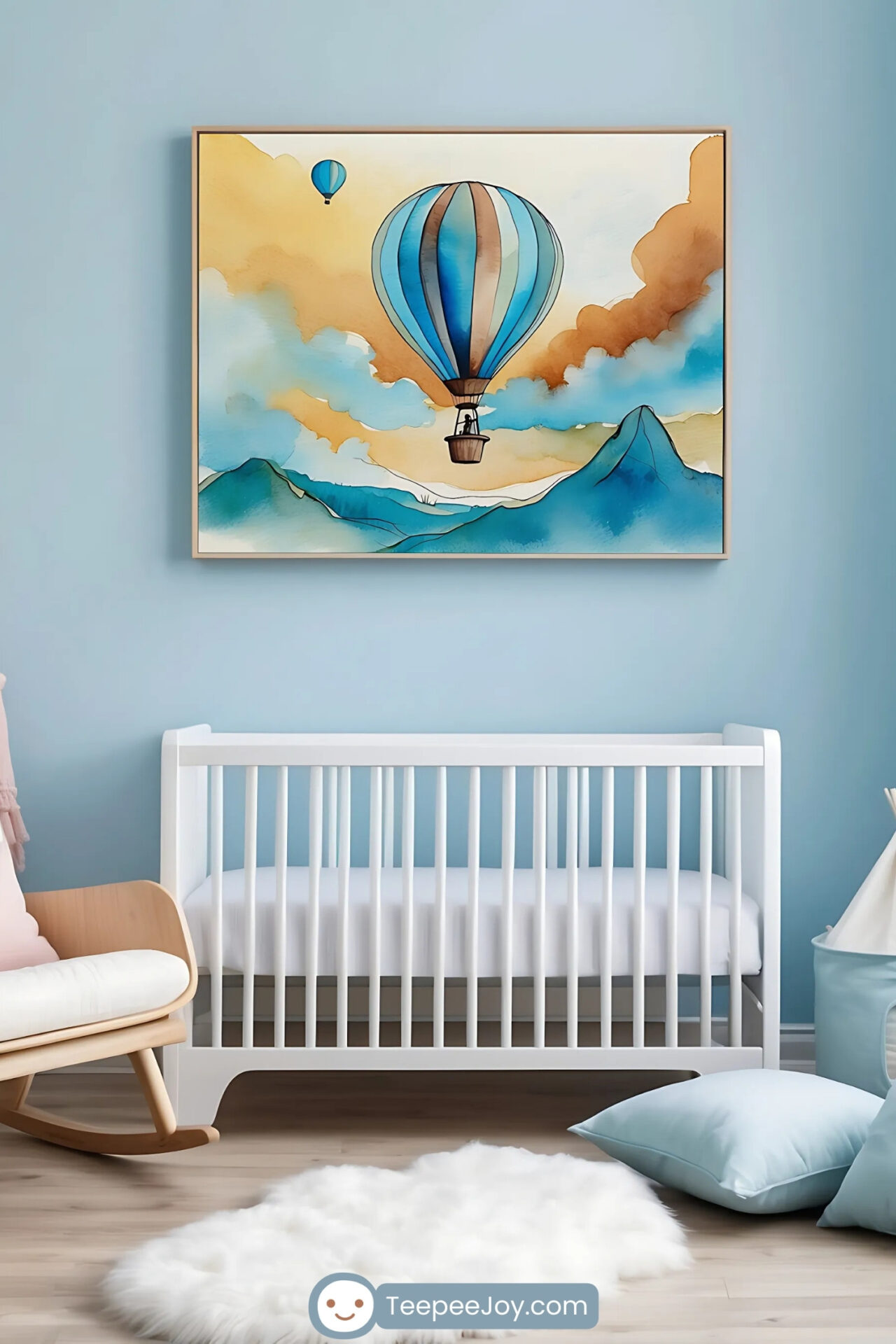 Bold and adventurous kids' bedroom with a navy blue bed, accented by teal and burnt orange bedding. Above the bed, a framed painting of a yellow monster truck mid-jump in a stadium, driven by a T-Rex, adds a playful and action-packed touch. The room is decorated with a modern geometric rug, a dark blue dresser, a plush chair, a tall cactus plant, and storage baskets, creating a fun and stylish space with a dinosaur and motorsports theme.