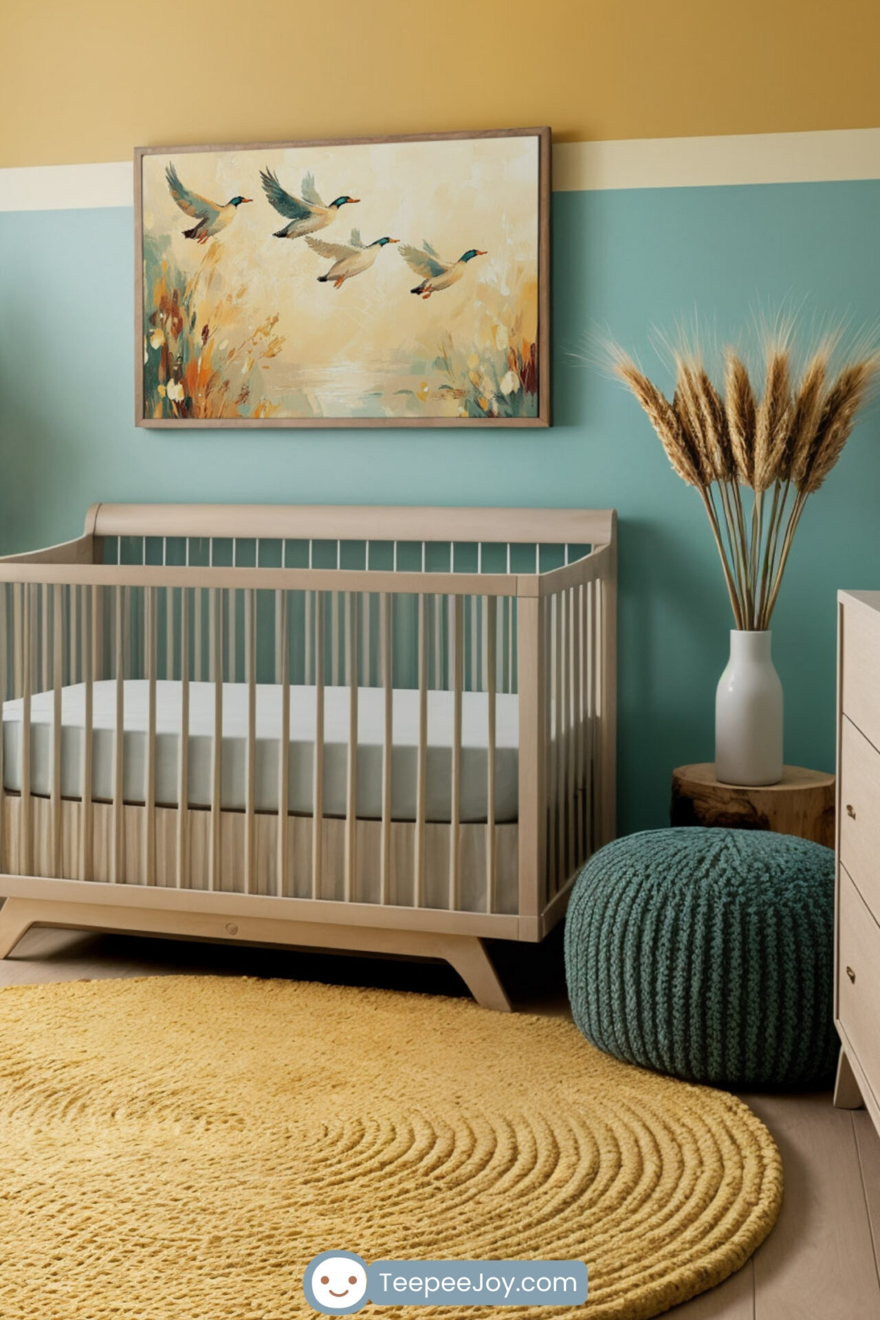 This image features a cozy nursery with a calming blue-and-gold color scheme, complete with a wooden crib, a changing table, and a white armchair. A circular mustard-yellow rug and natural accents, like pampas grass in vases, add warmth and texture to the room. The focal point is a painting of mallard ducks in flight, enhancing the space with a serene, nature-inspired aesthetic.