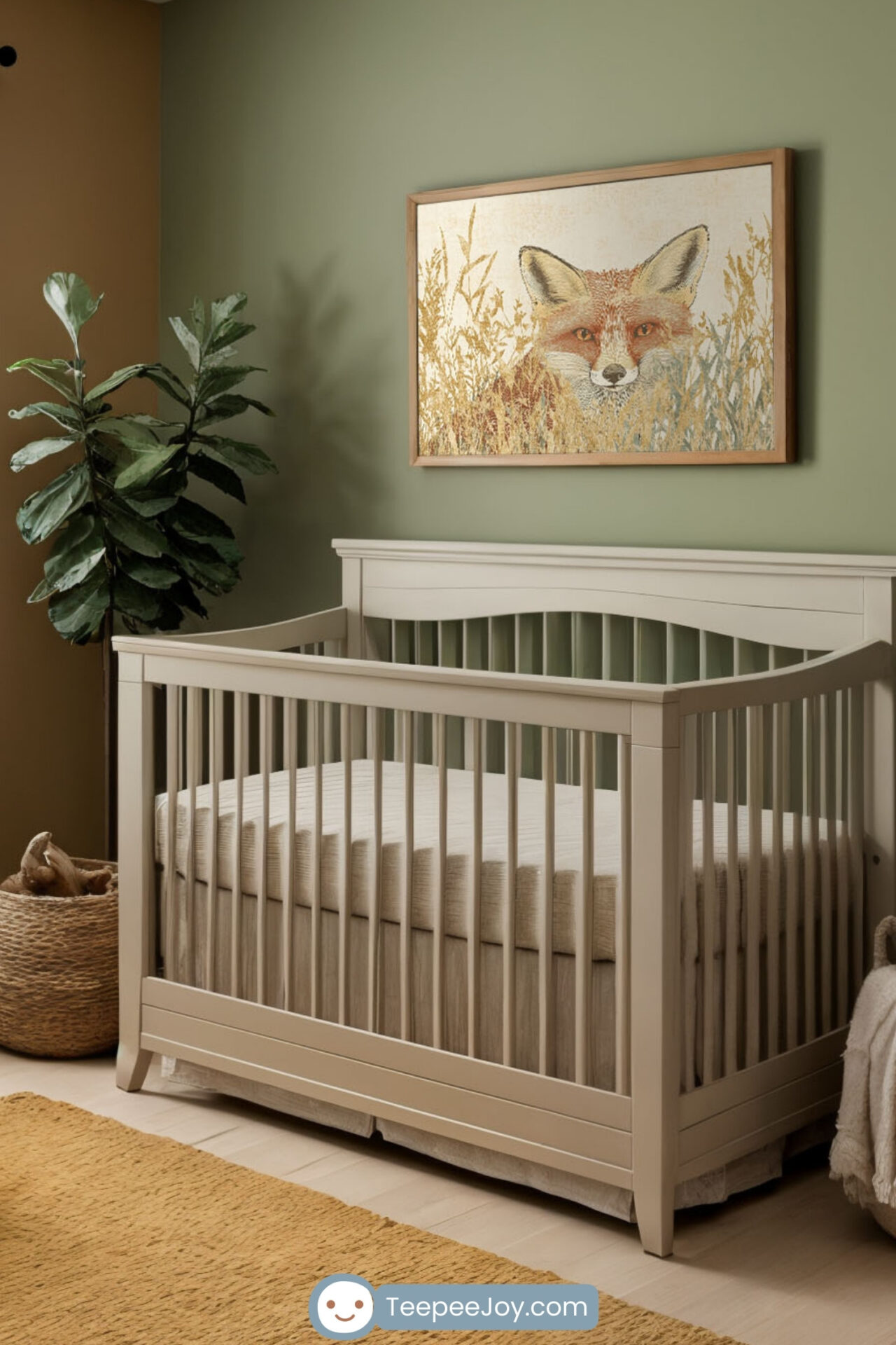 Cozy nursery with earthy tones, featuring a crib against a two-toned green and terracotta wall with fox artwork above. The room includes a green armchair with a mustard-yellow pillow, a natural jute rug, and woven baskets for storage. Shelves on the right hold wooden decorations and books, adding a warm and rustic ambiance.