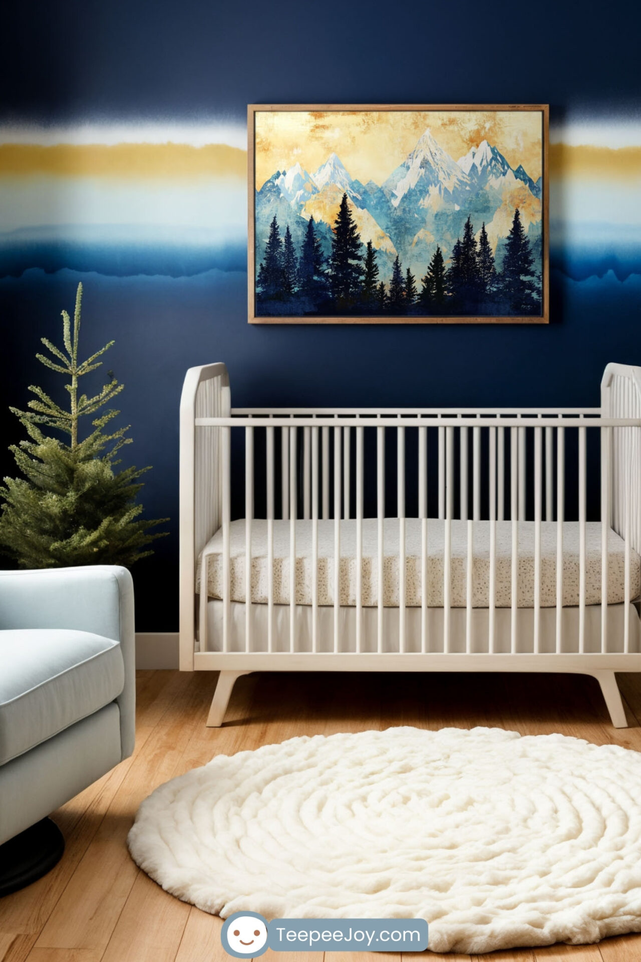 This image features a cozy and nature-themed nursery with a striking navy blue accent wall adorned with a mountain-themed painting. The room includes a white crib, a light blue armchair, and a fluffy circular rug, creating a soft and inviting space. Natural elements like a small pine tree and wood-tone furniture enhance the outdoorsy feel, making it a tranquil environment for a child.