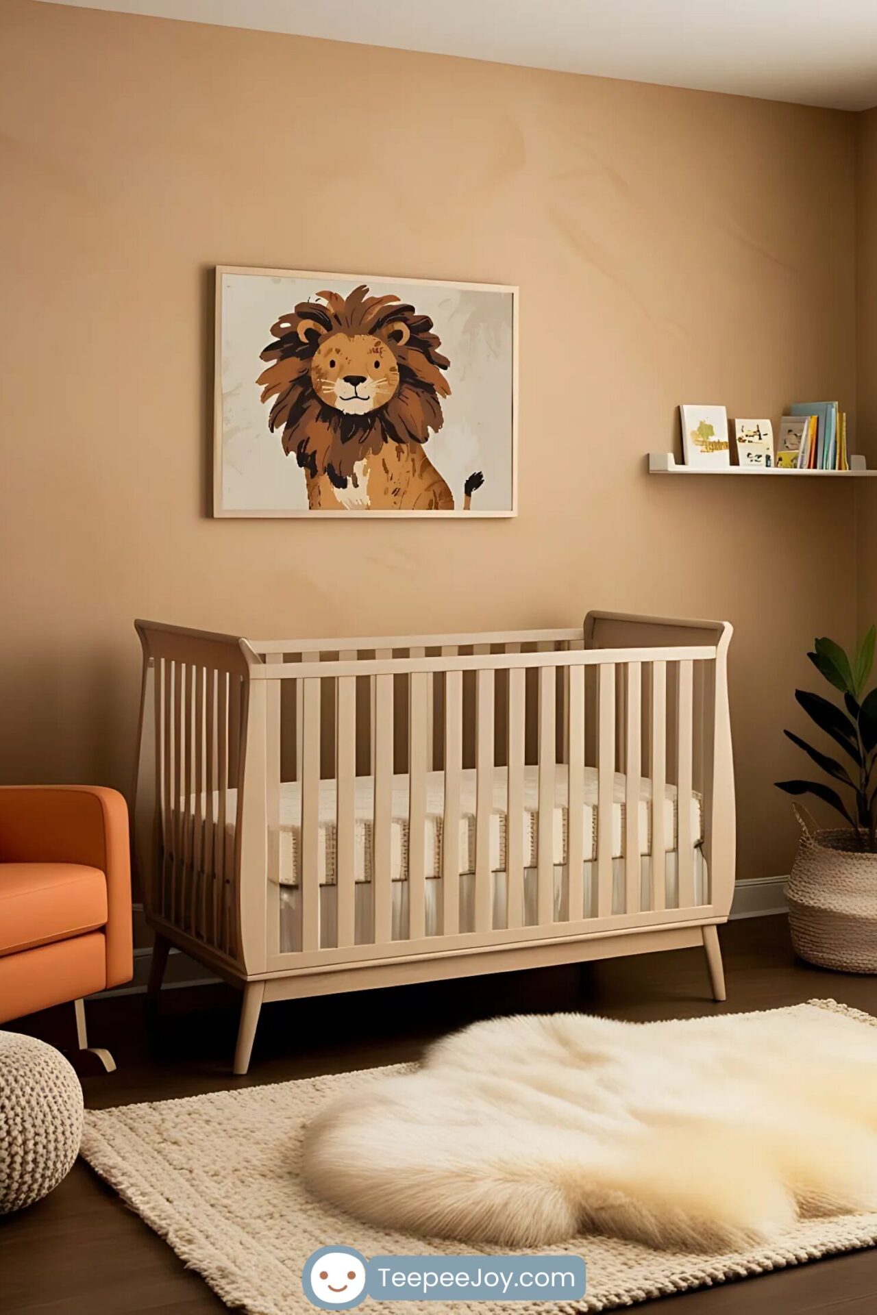 Warm and inviting nursery with a wooden crib against a beige wall, featuring a framed artwork of a lion with a thick, textured mane. A cozy cream-colored rug and a knitted pouf add texture to the dark wood flooring. An orange armchair and a floating shelf with children's books complete the safari-inspired decor.