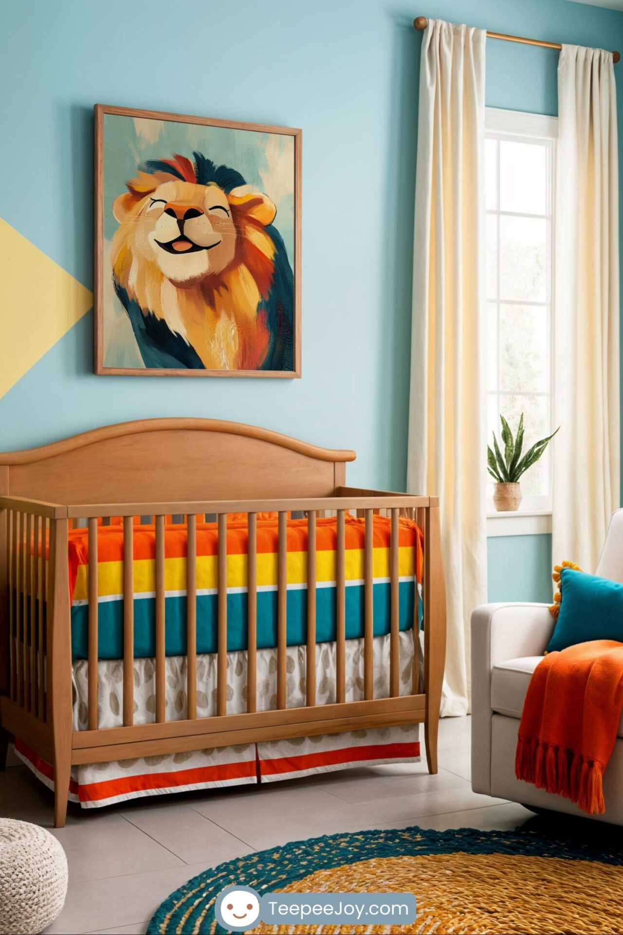 A cozy and vibrant nursery with a wooden crib featuring colorful bedding in shades of orange, yellow, teal, and white. Above the crib hangs a cheerful lion painting with a bright mane. The room has light blue walls with a geometric yellow accent, a white armchair with an orange throw blanket and a teal pillow, and natural wood furniture, including a dresser and floating wall decor. Sunlight streams through large windows with white curtains, enhancing the warm and inviting atmosphere.