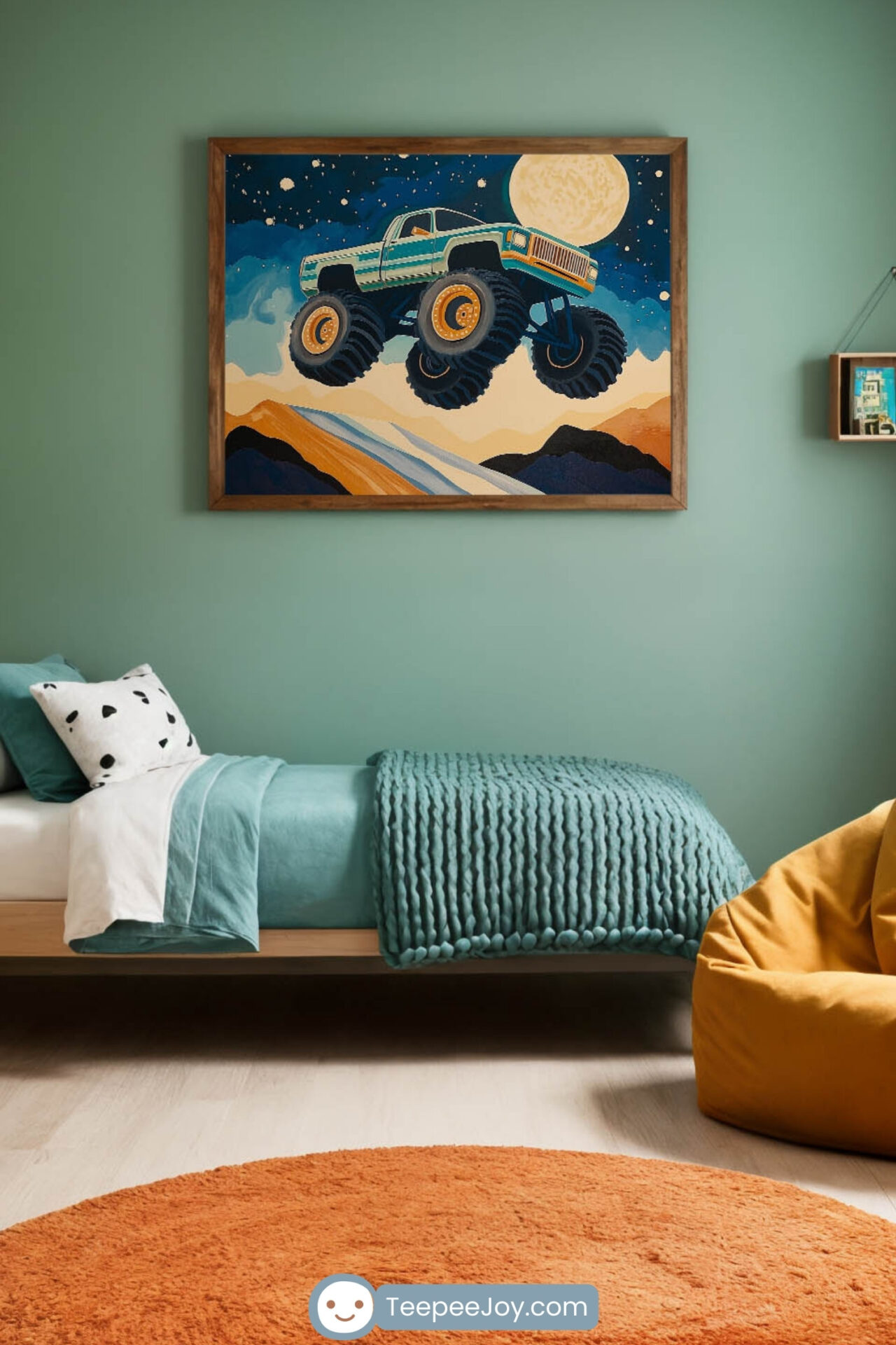 Stylized digital painting of a monster truck soaring through the air against a vibrant nighttime sky. The truck is green with retro stripes, oversized rugged tires, and golden rims, highlighted by a massive glowing full moon. Below, rolling desert-like mountains and a winding road add depth, creating a surreal and adventurous atmosphere.