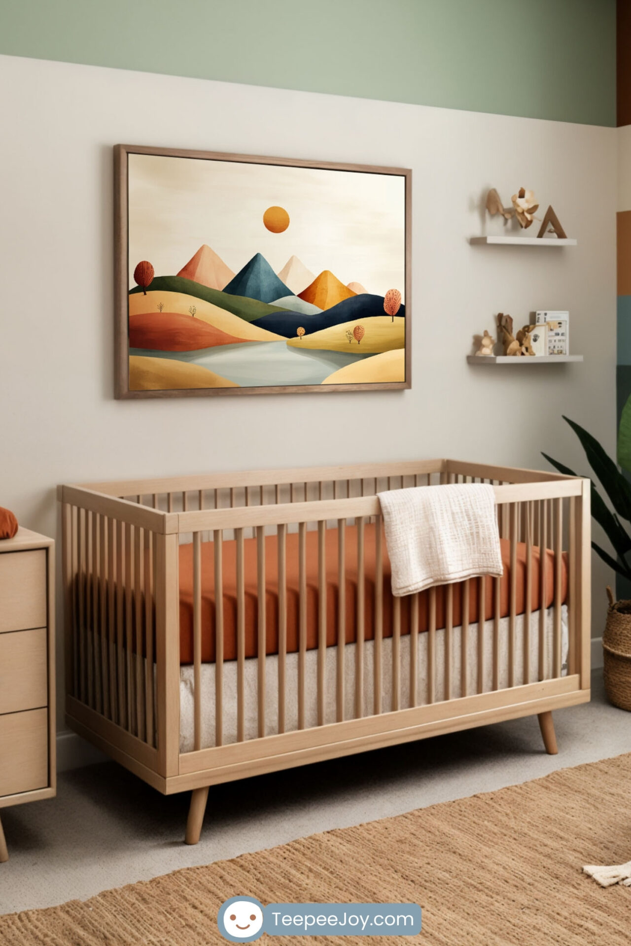 Modern nursery with a warm, earthy color palette featuring a wooden crib with an orange mattress and a cream knit blanket draped over the side. A framed abstract mountain landscape painting hangs above the crib, complementing the striped accent wall in shades of green, beige, brown, and blue. The space is decorated with a cozy armchair, a woven rug, potted greenery, and wooden toys on floating shelves, creating a serene and stylish atmosphere.