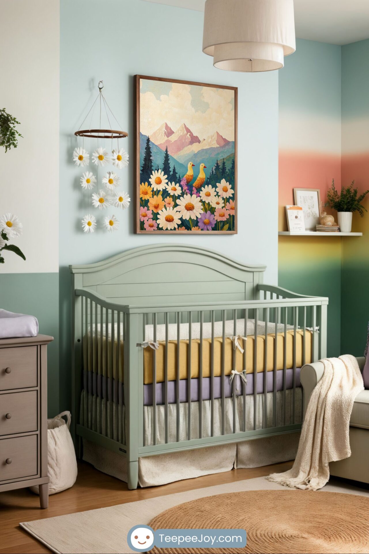 Colorful and serene nursery featuring a sage green crib, pastel bedding, and a framed painting of mountains, flowers, and birds above. The walls are a mix of soft blue and a warm ombre accent. A floral mobile hangs beside the crib, while a cozy cream armchair with a lavender pillow sits nearby. A wooden dresser, woven rug, and floating shelves with plants and books complete the peaceful, nature-inspired design.