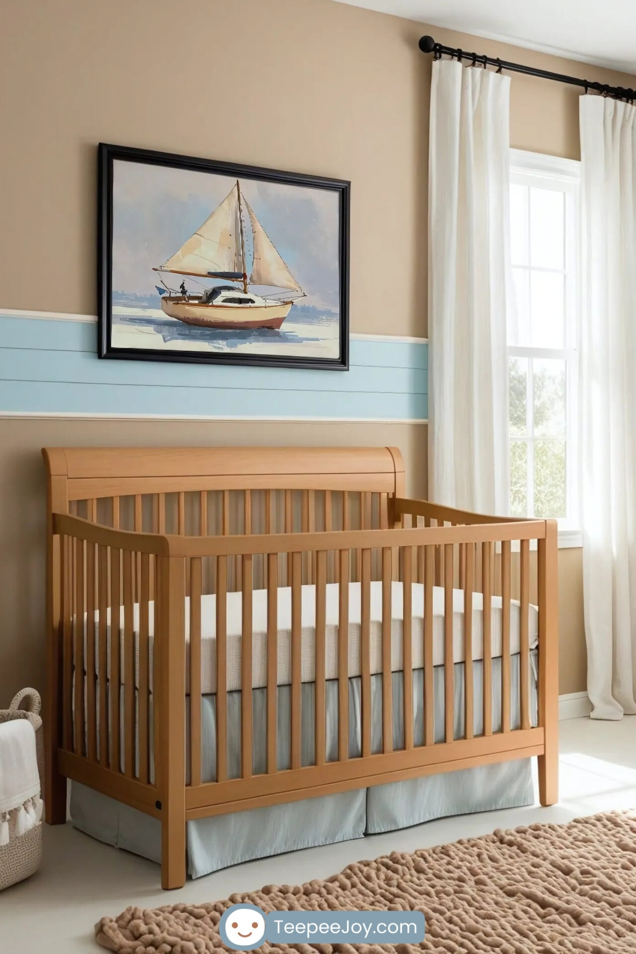 This cozy nursery features a coastal theme with neutral tones and light blue accents. A framed artwork of a sailboat adds a nautical touch above the natural wood crib, which is complemented by soft textures like the knit rug and pillows. The starfish wall decor enhances the serene, seaside ambiance.